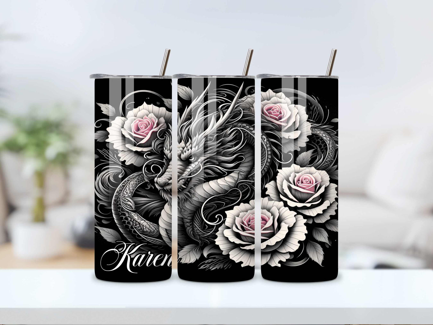 Dragon and Roses Tumbler - Custom Name 20oz Stainless Steel Tumbler