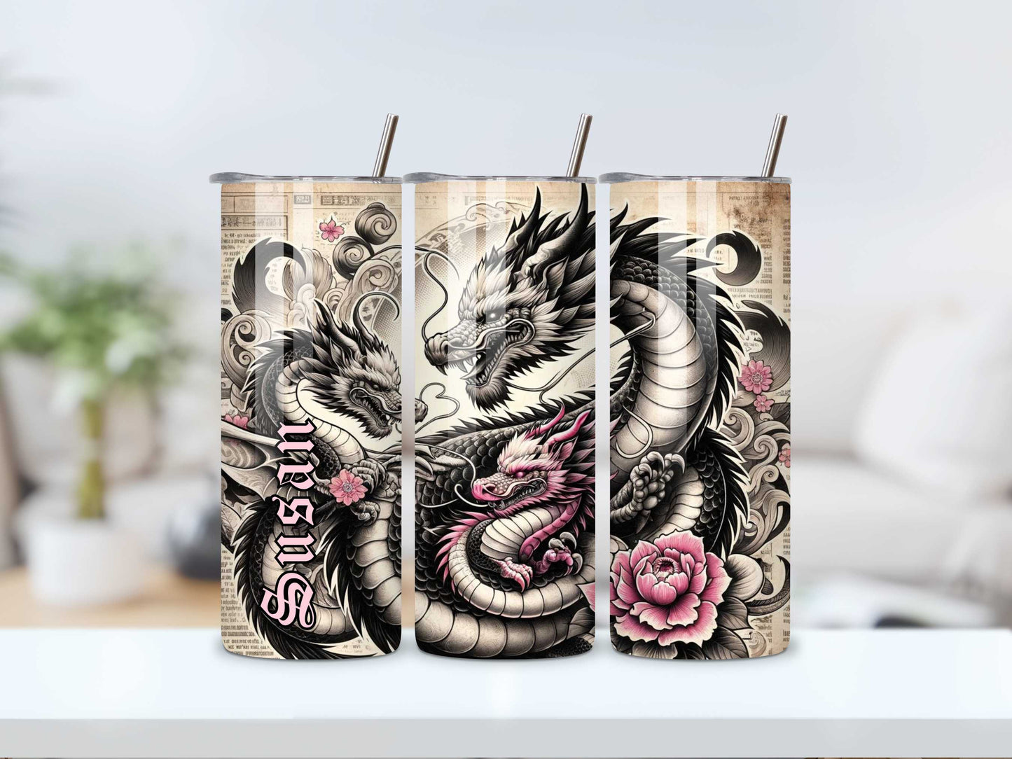 Mother Dragon with Her Children 20oz Tumbler - Black, Pink & White Tattoo Style, Stainless Steel, Personalised Drinkware, Spill-Proof, Hot & Cold