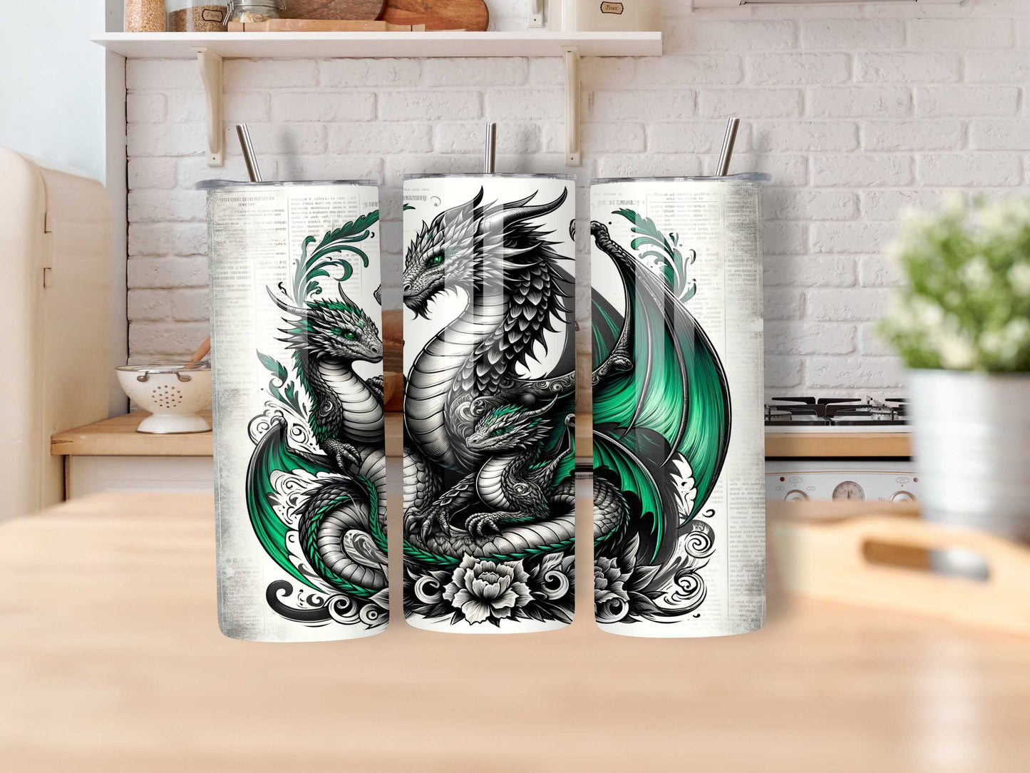 Mummy Dragon with Her Children 20oz Tumbler - Emerald Green, Tattoo Style, Stainless Steel, Spill-Proof, Hot & Cold Drinkware