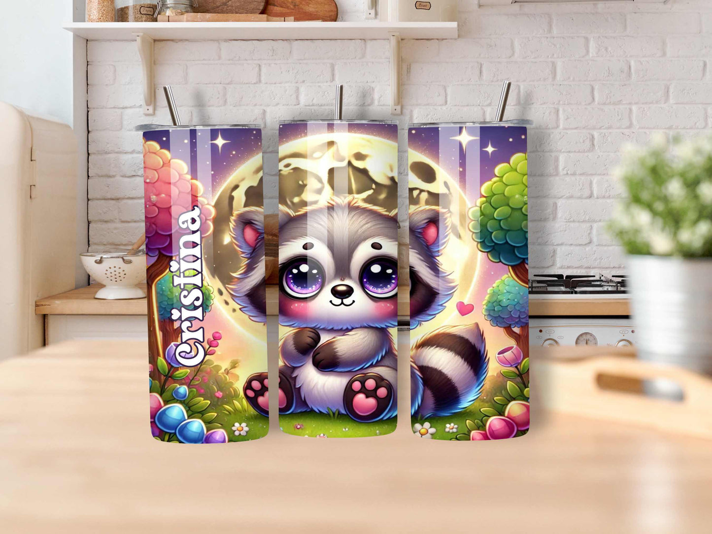 Raccoon Tumbler - Kawaii Moon Design, Custom Name, 20oz Stainless Steel