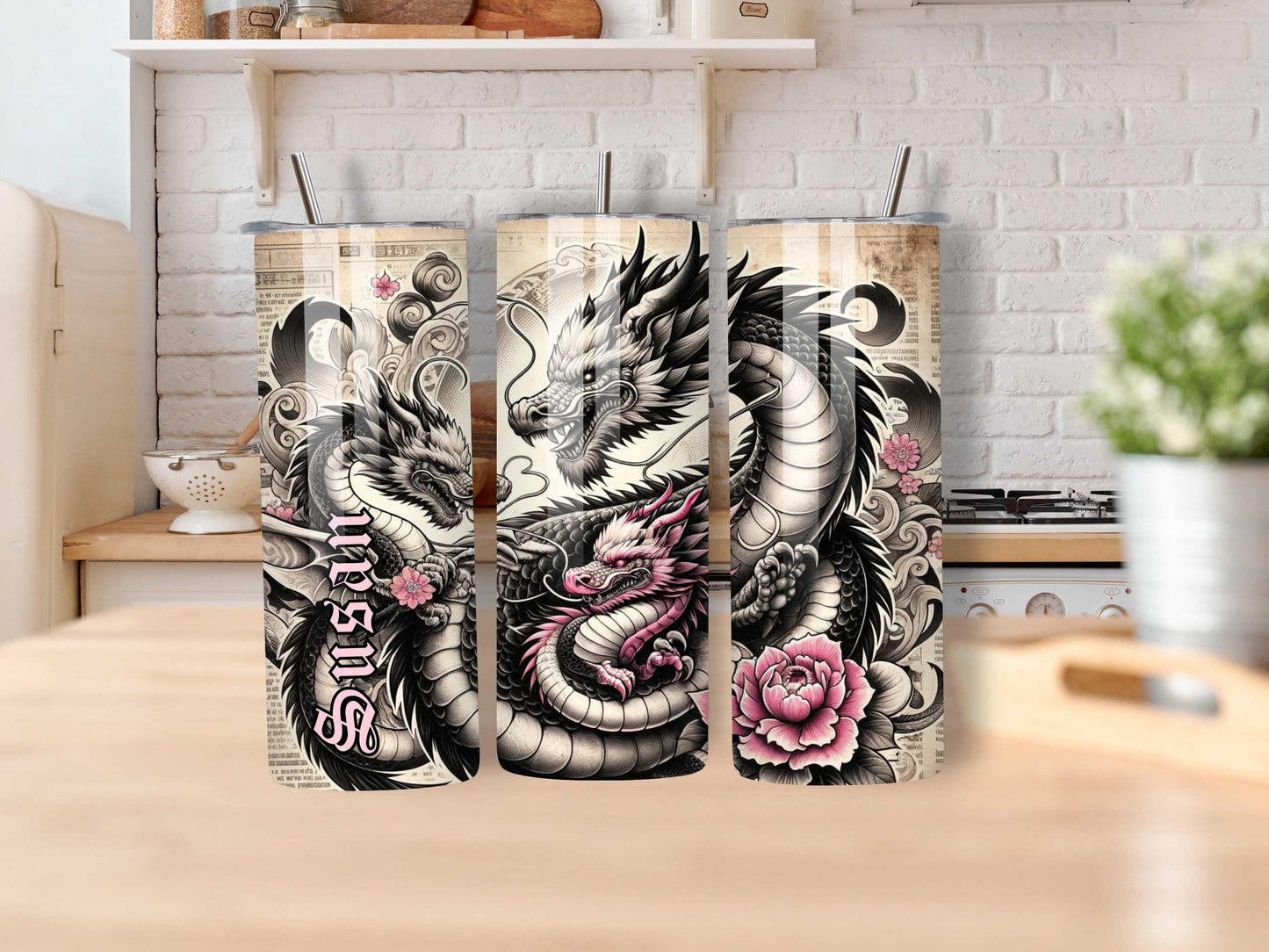 Mother Dragon with Her Children 20oz Tumbler - Black, Pink & White Tattoo Style, Stainless Steel, Personalised Drinkware, Spill-Proof, Hot & Cold