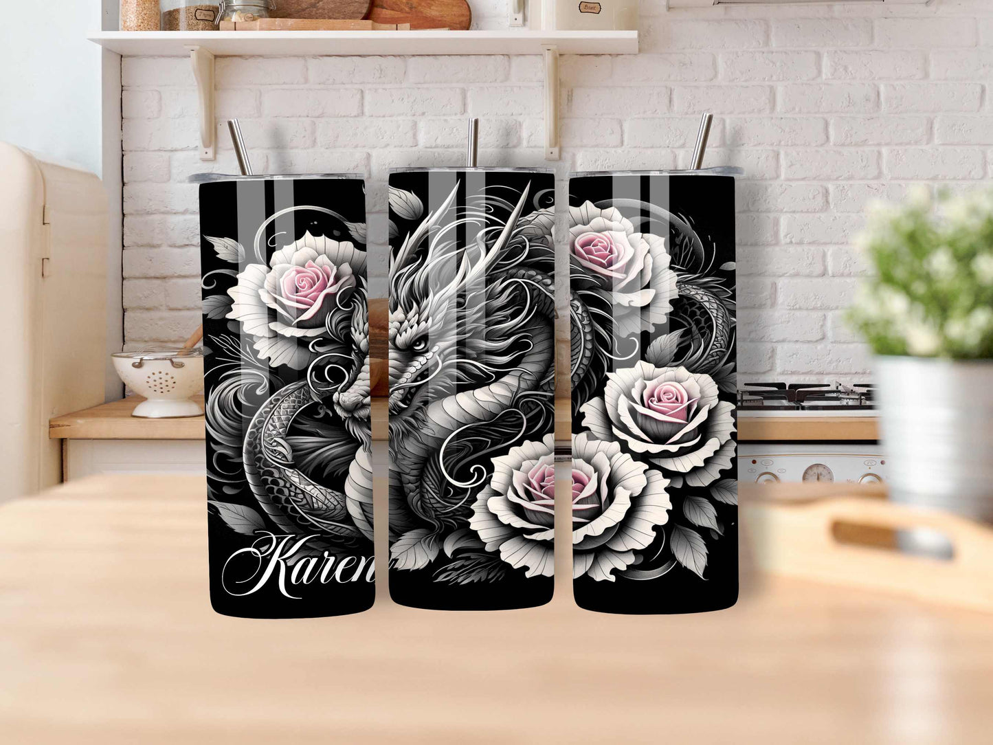 Dragon and Roses Tumbler - Custom Name 20oz Stainless Steel Tumbler