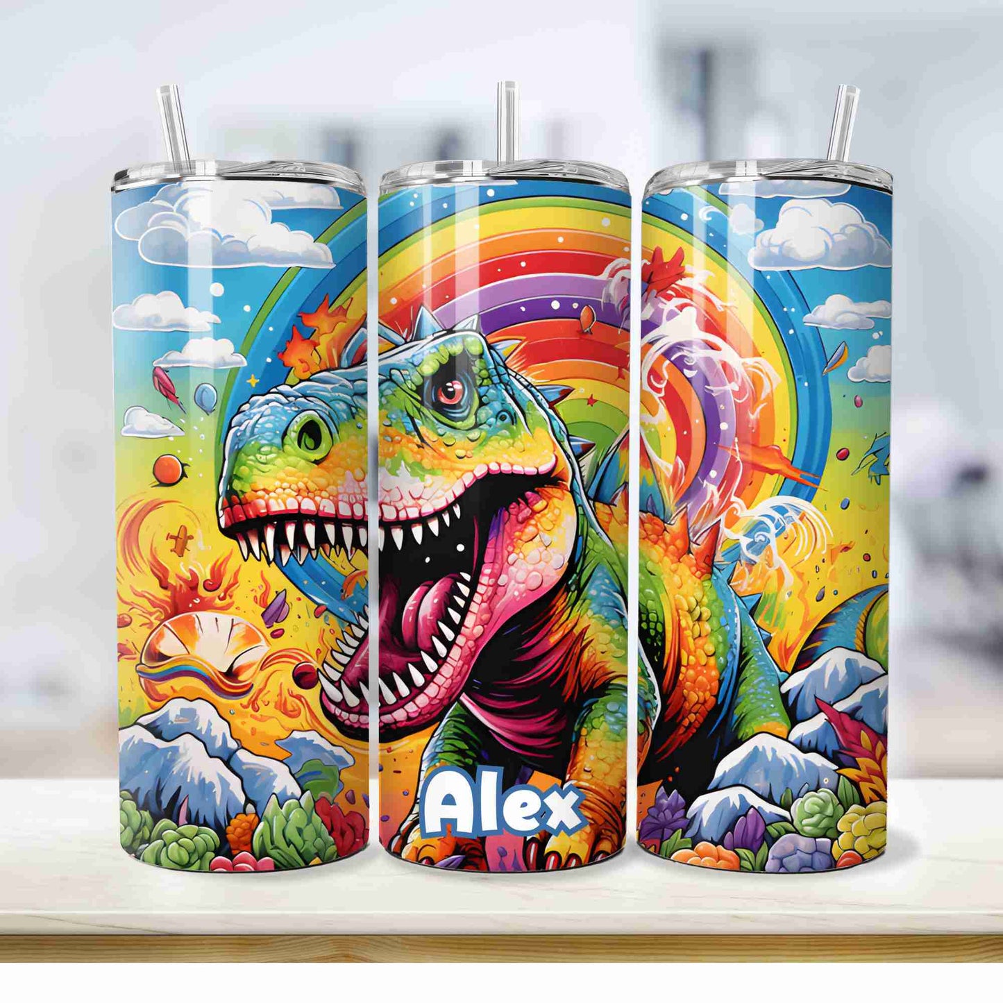 Rainbow dinosaur 20oz tumbler for boys or girls