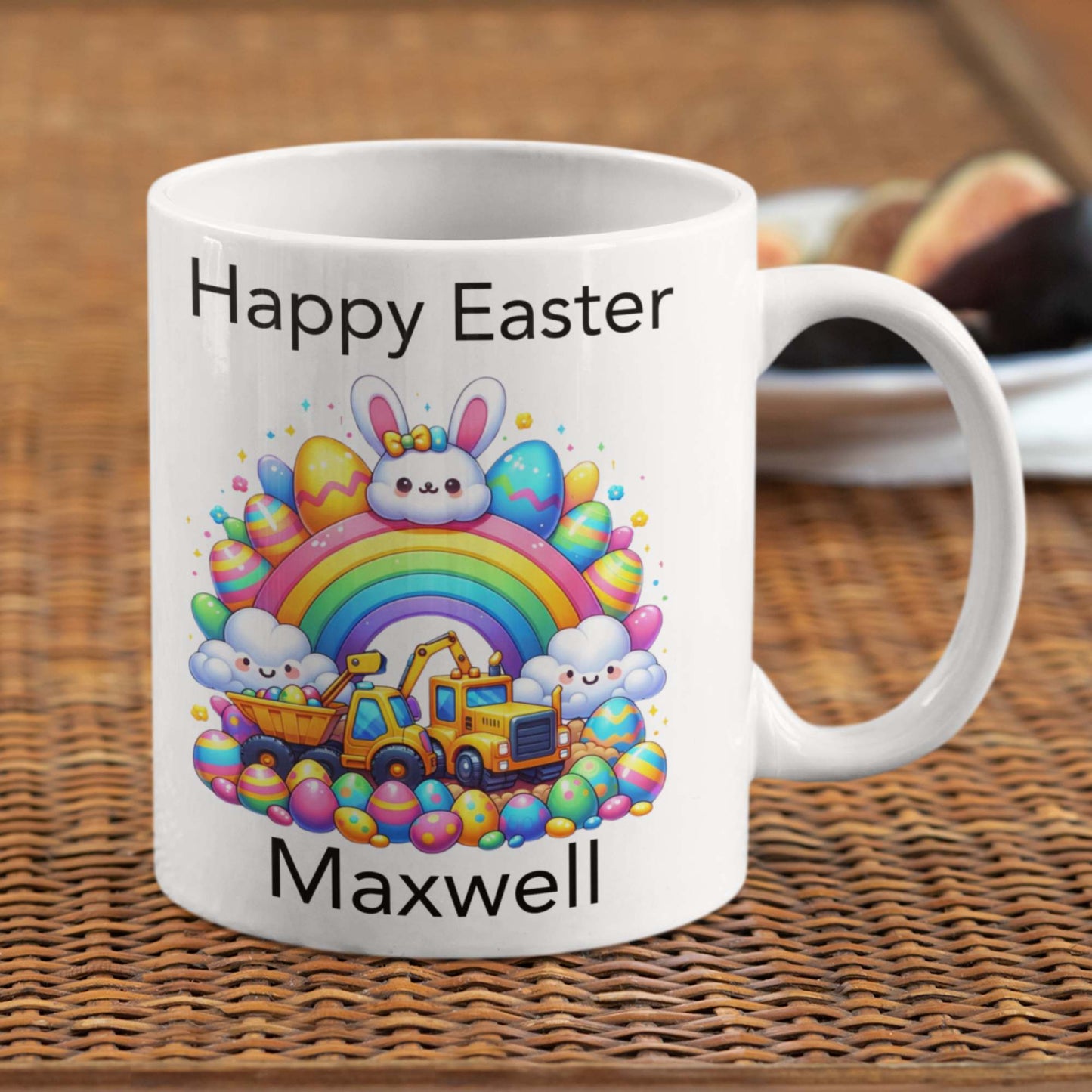 Children's Easter mug personalised with name construction vehicle theme for boys girls