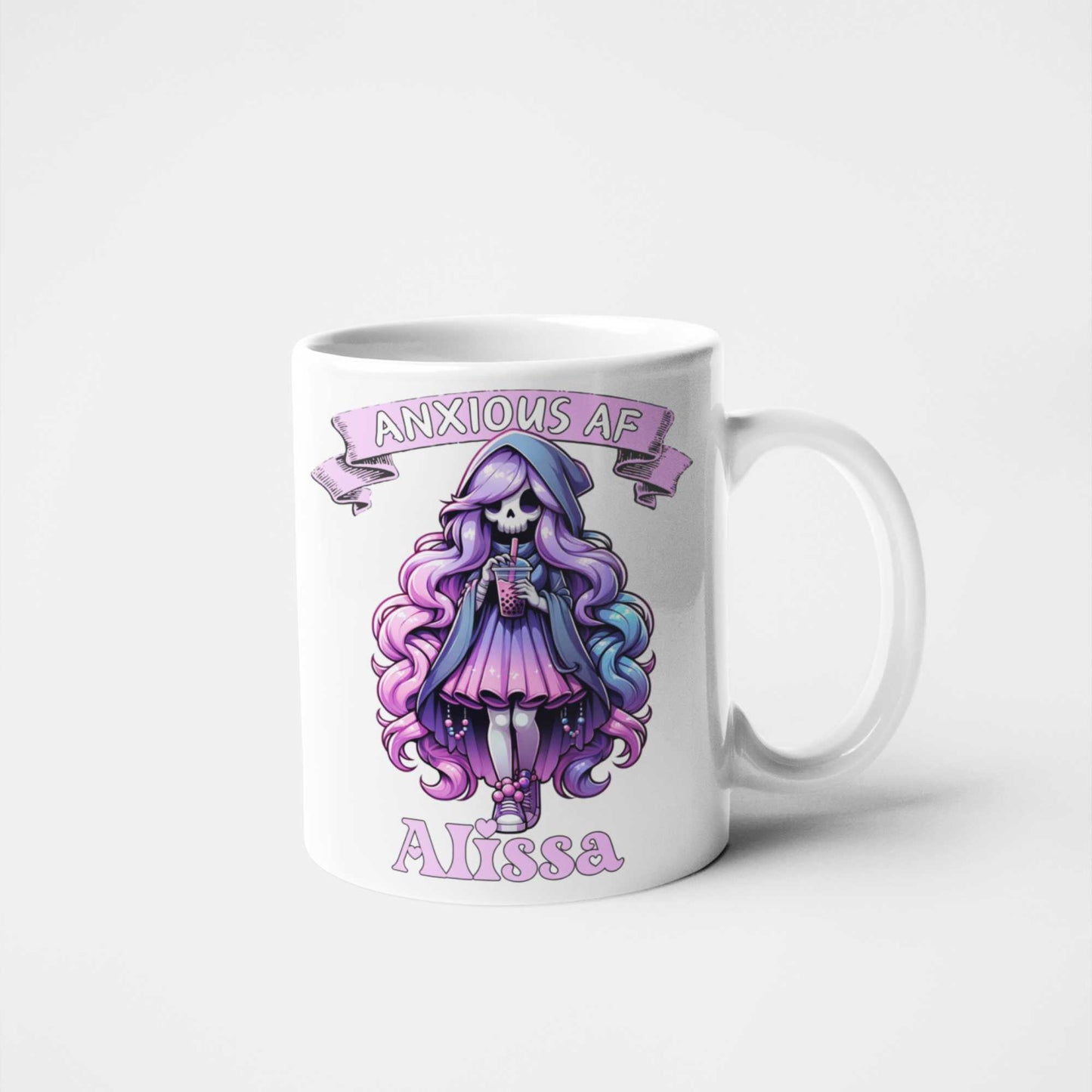 Anxious AF Grim Reaper Boba Tea Mug - Personalised Name Gift | Cute Goth Boba Mug for Teens | Funny Anxiety Cup | Halloween, Birthday, Mental Health Awareness Gift