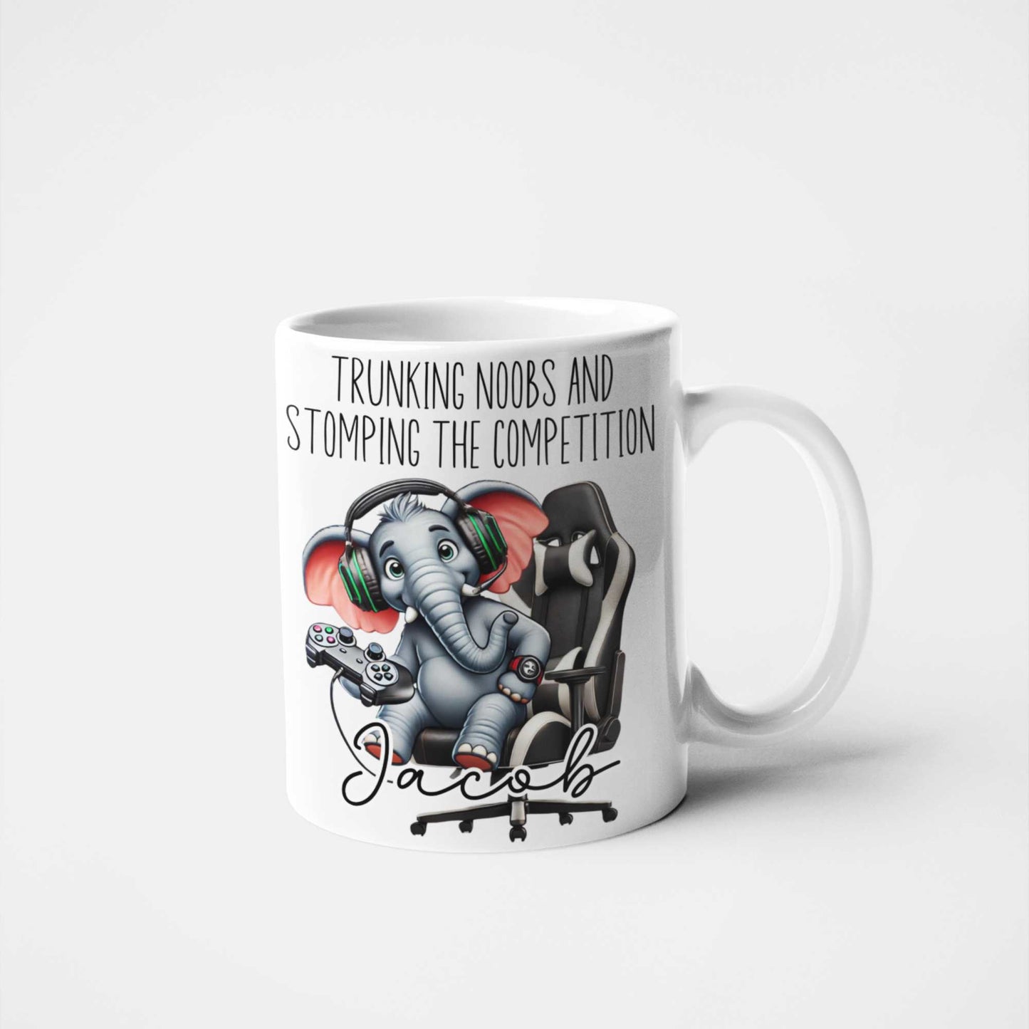 Trunking Noobs & Stomping the Competition Personalised Gamer Elephant Mug – Custom Name Gift for Gamers, Boys, Girls, Teens & Adults – Funny Gaming Mug for Birthdays & Christmas