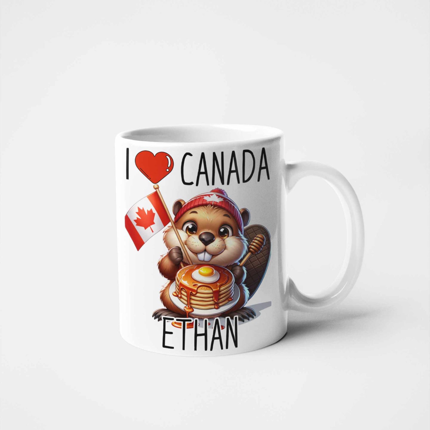 Personalised I love Canada Beaver Mug with Maple Syrup Stack – Custom Name Gift, Canadian Souvenir, Cute Beaver Lover Present