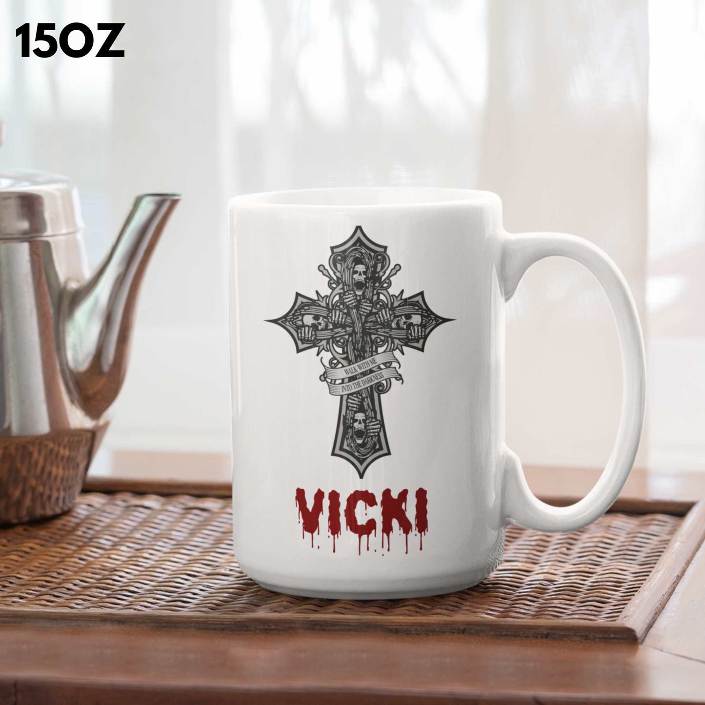 "Walk With Me Into The Darkness" Personalised Gothic Mug, Perfect Gift for Her, Unique Coffee Cup, Custom Name Mug