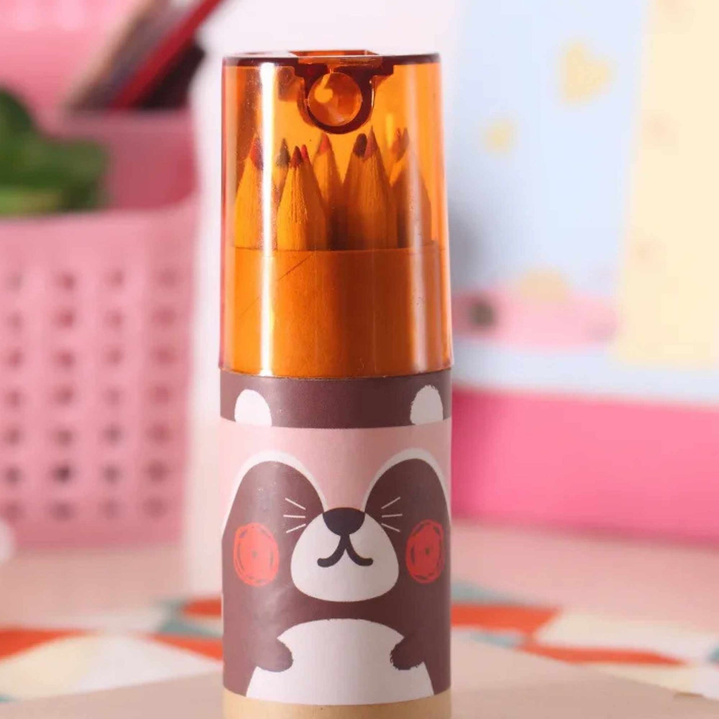 Animal Mini Colour Pencil Set with built in Sharpener | 12 Colour Pencils for Kids | Fits Inside Mugs | Perfect Party Favours & Creative Gifts