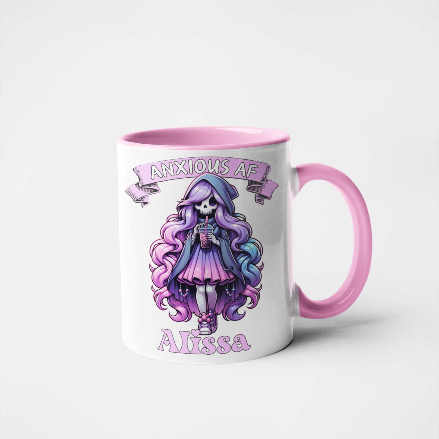 Anxious AF Grim Reaper Boba Tea Mug - Personalised Name Gift | Cute Goth Boba Mug for Teens | Funny Anxiety Cup | Halloween, Birthday, Mental Health Awareness Gift