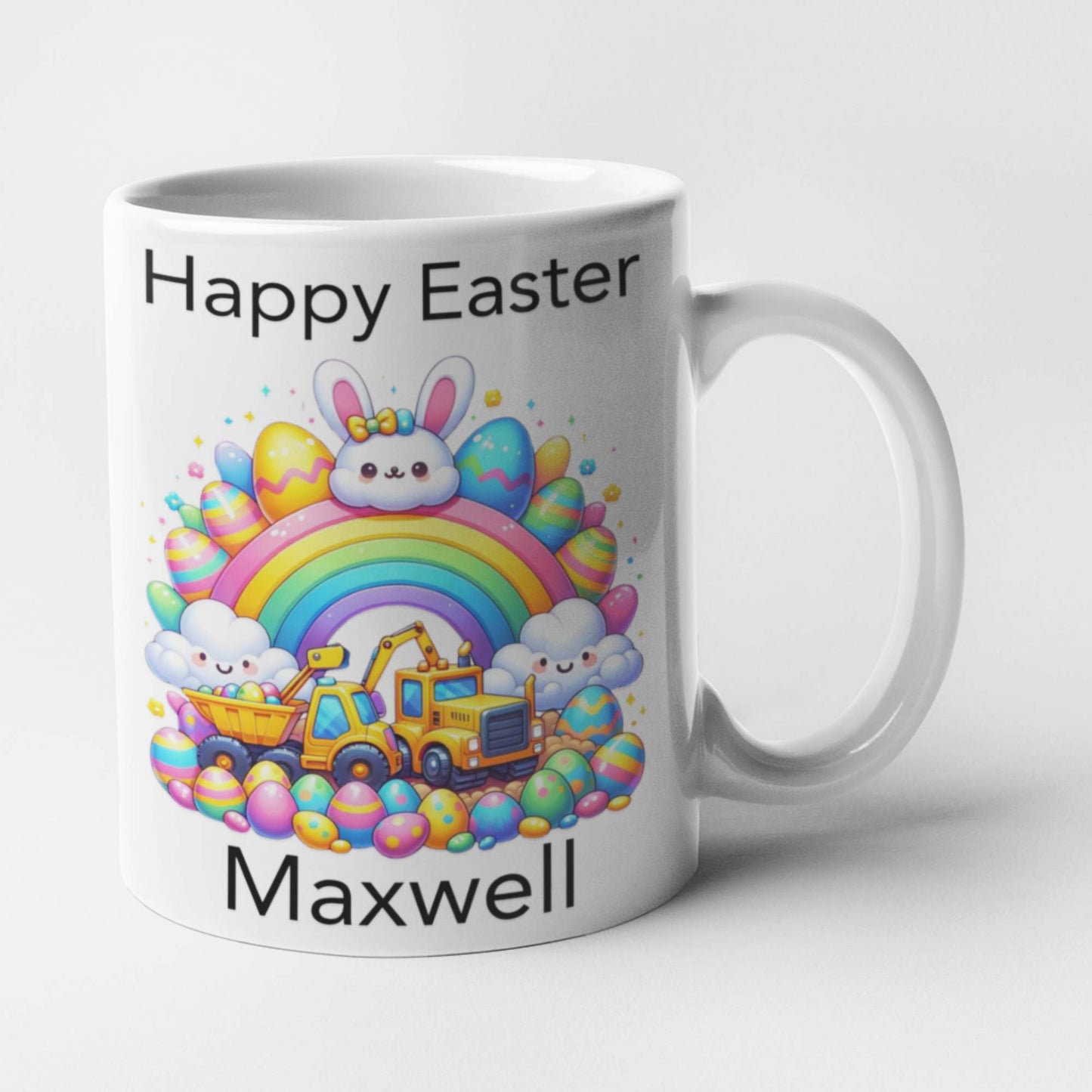 Children's Easter mug personalised with name construction vehicle theme for boys girls