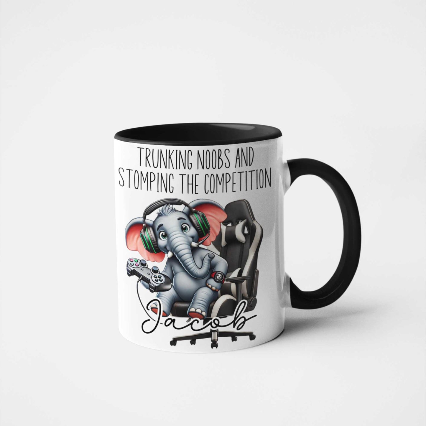 Trunking Noobs & Stomping the Competition Personalised Gamer Elephant Mug – Custom Name Gift for Gamers, Boys, Girls, Teens & Adults – Funny Gaming Mug for Birthdays & Christmas