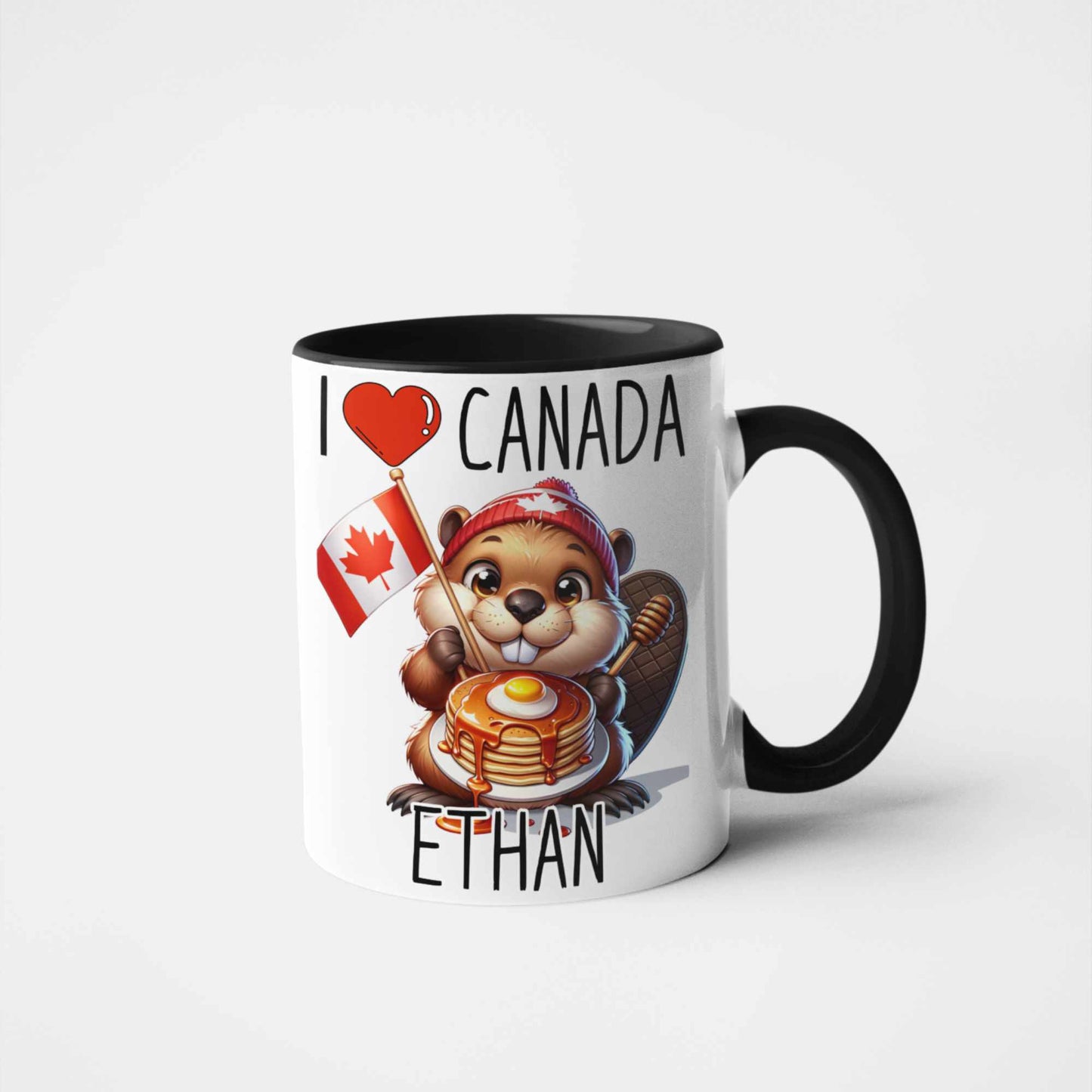 Personalised I love Canada Beaver Mug with Maple Syrup Stack – Custom Name Gift, Canadian Souvenir, Cute Beaver Lover Present