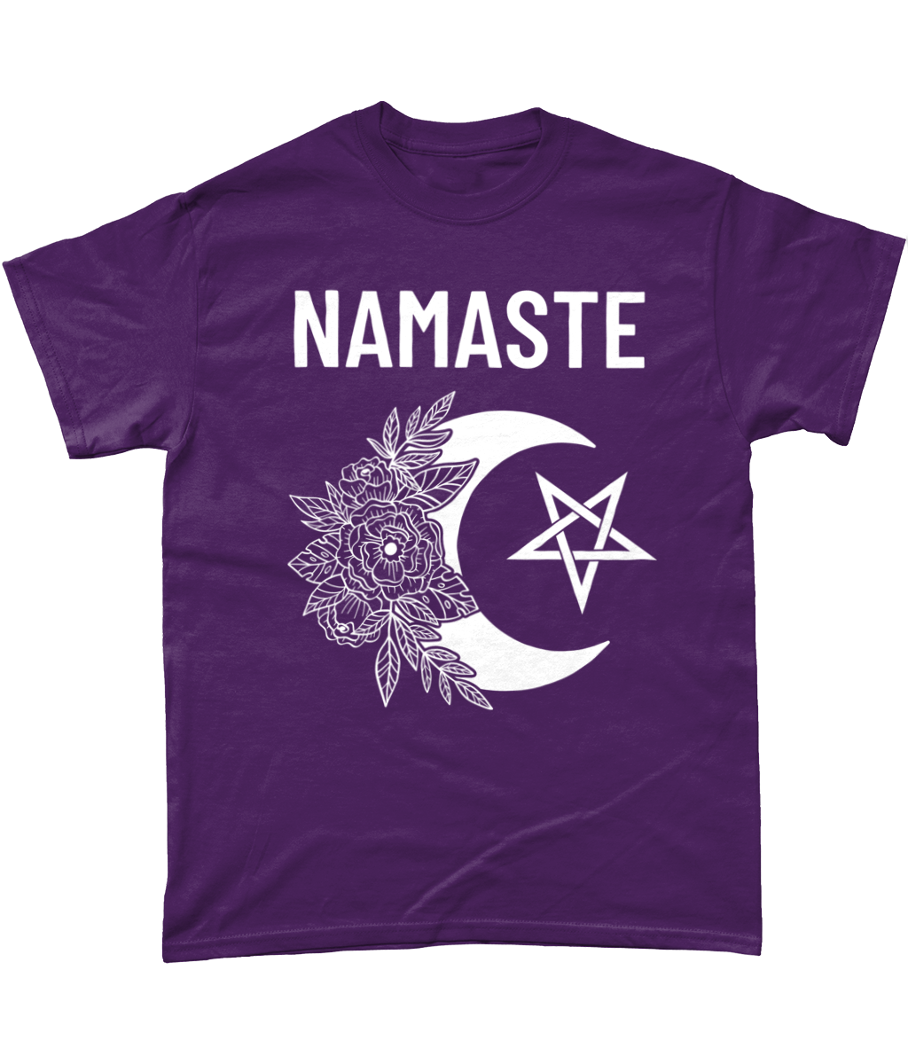 Namaste Cotton T-Shirt Pagan Clothing with moon, flowers and pentagram