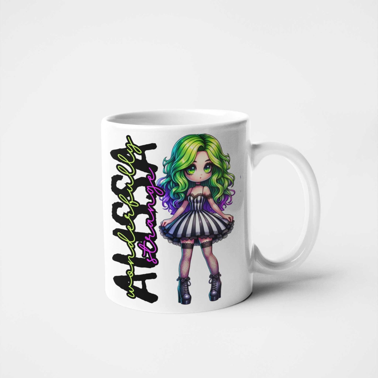 Wonderfully Strange Personalised Mug โ Alternative Gothic Anime Character Gift, Custom Name Goth Mug, Unique Coffee Mug, 11oz & 15oz Ceramic, 20oz Tumbler