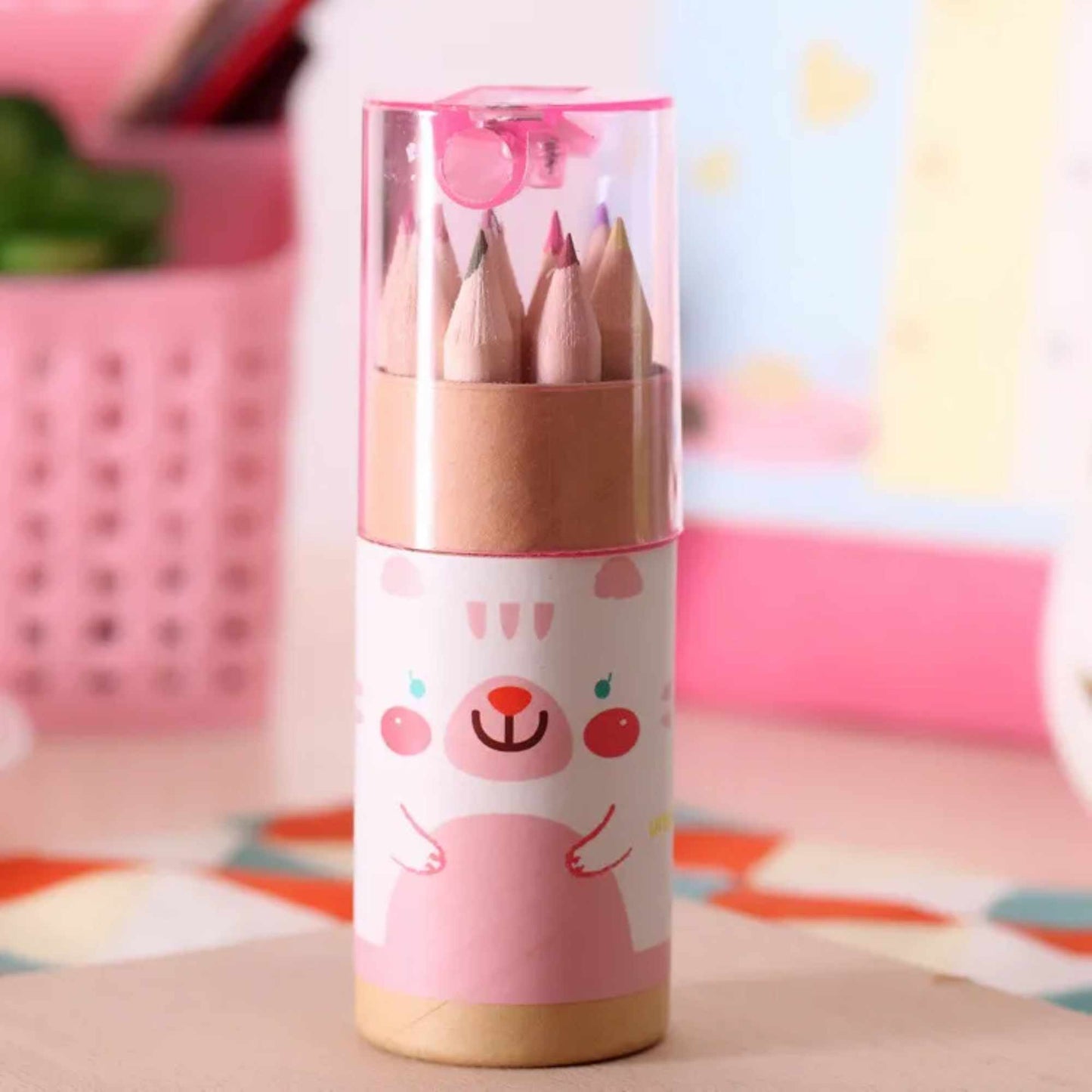 Animal Mini Colour Pencil Set with built in Sharpener | 12 Colour Pencils for Kids | Fits Inside Mugs | Perfect Party Favours & Creative Gifts