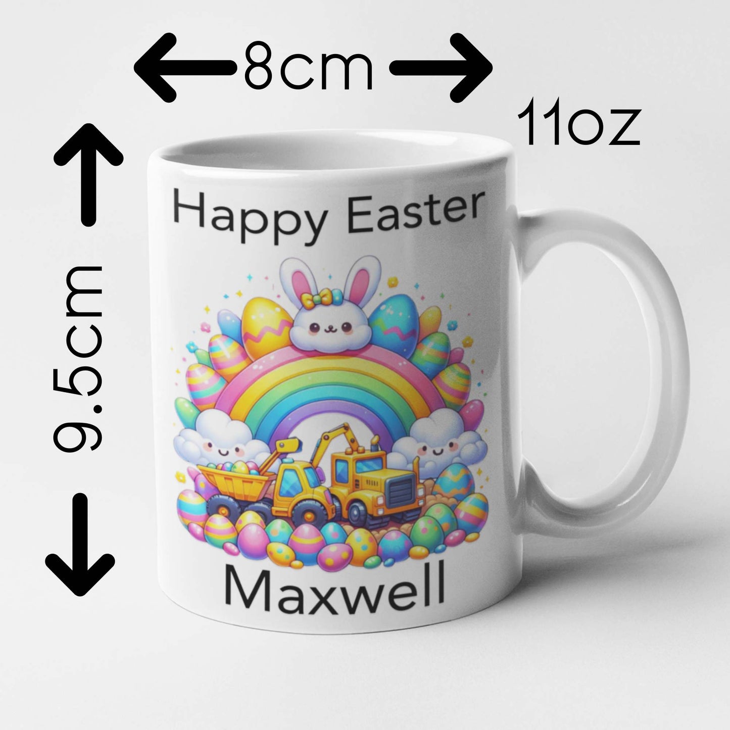 Children's Easter mug personalised with name construction vehicle theme for boys girls