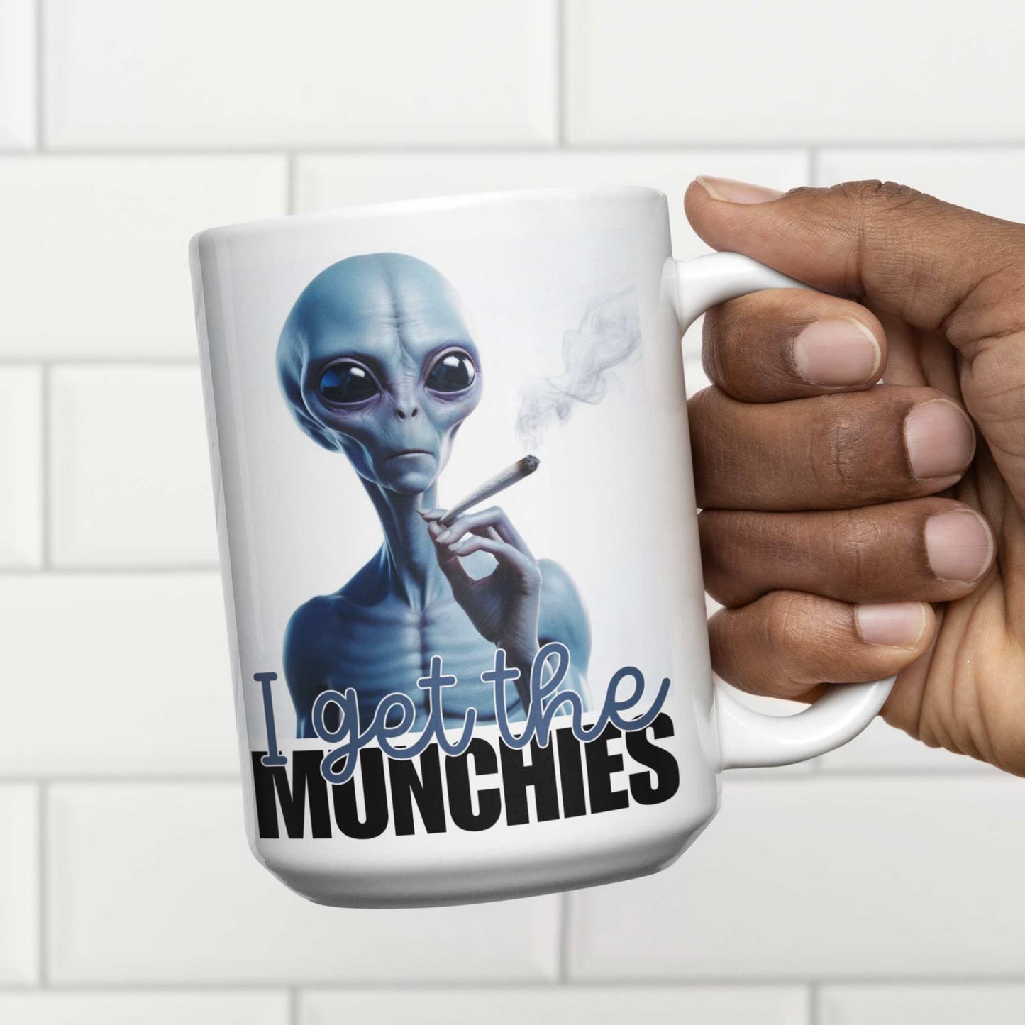 I Get the Munchies Stoner Blue Alien Mug - Funny Alien Smoking Mug, Quirky Coffee Cup, Hilarious Tea Mug, Humorous Weed Coaster