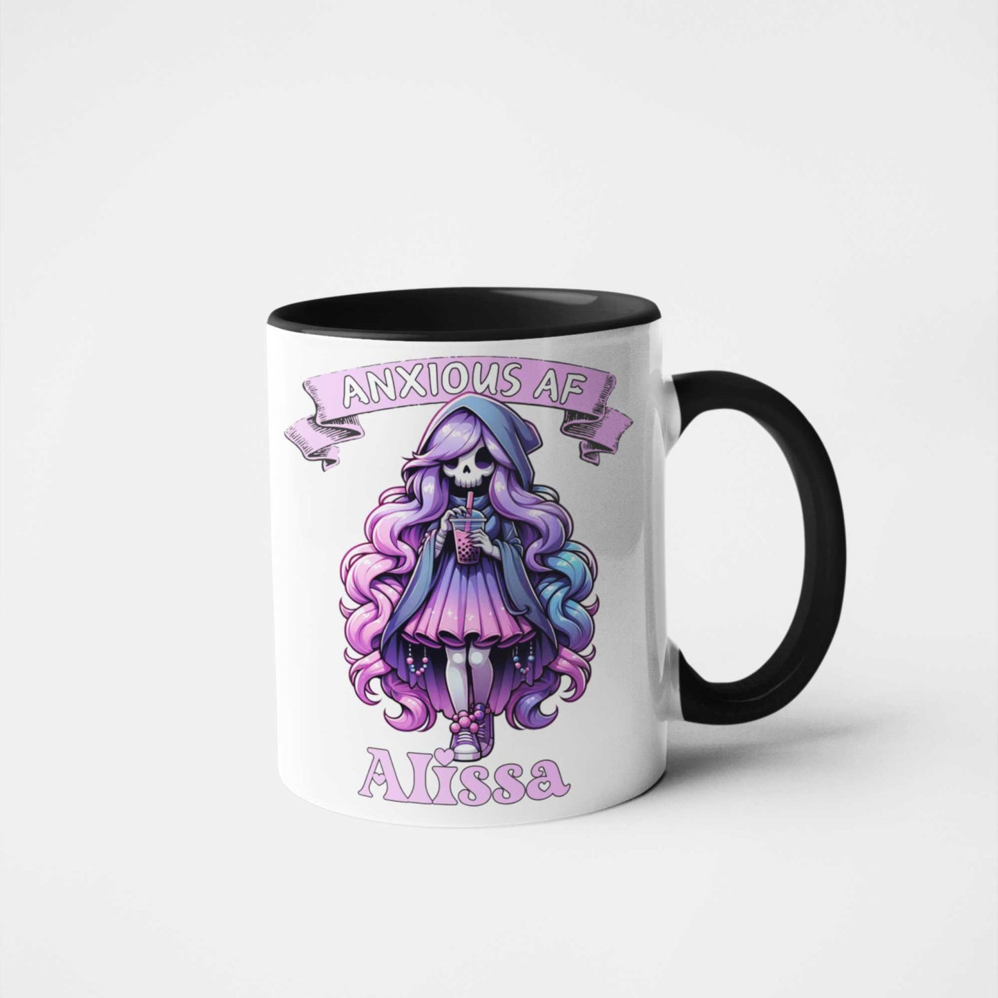 Anxious AF Grim Reaper Boba Tea Mug - Personalised Name Gift | Cute Goth Boba Mug for Teens | Funny Anxiety Cup | Halloween, Birthday, Mental Health Awareness Gift