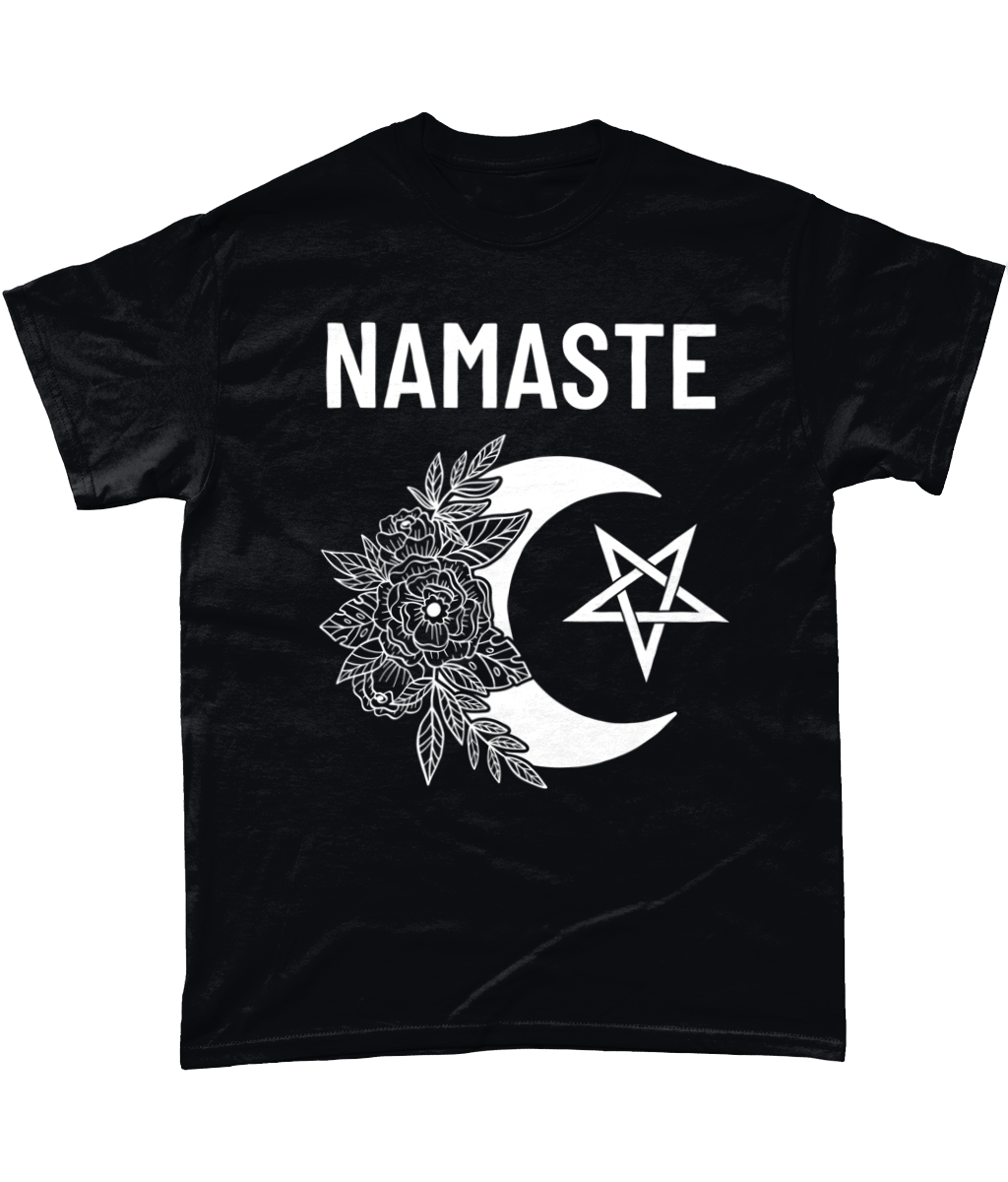 Namaste Cotton T-Shirt Pagan Clothing with moon, flowers and pentagram