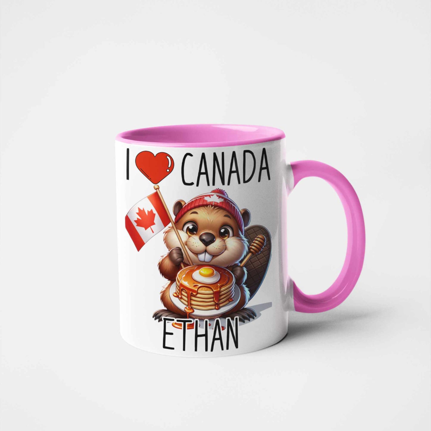 Personalised I love Canada Beaver Mug with Maple Syrup Stack – Custom Name Gift, Canadian Souvenir, Cute Beaver Lover Present