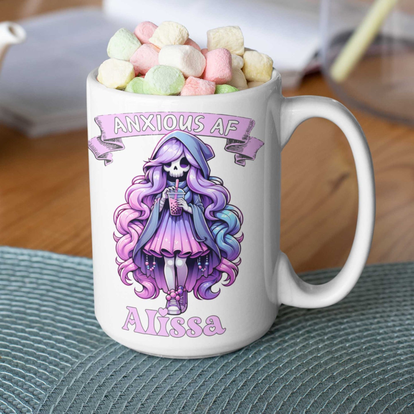 Anxious AF Grim Reaper Boba Tea Mug - Personalised Name Gift | Cute Goth Boba Mug for Teens | Funny Anxiety Cup | Halloween, Birthday, Mental Health Awareness Gift