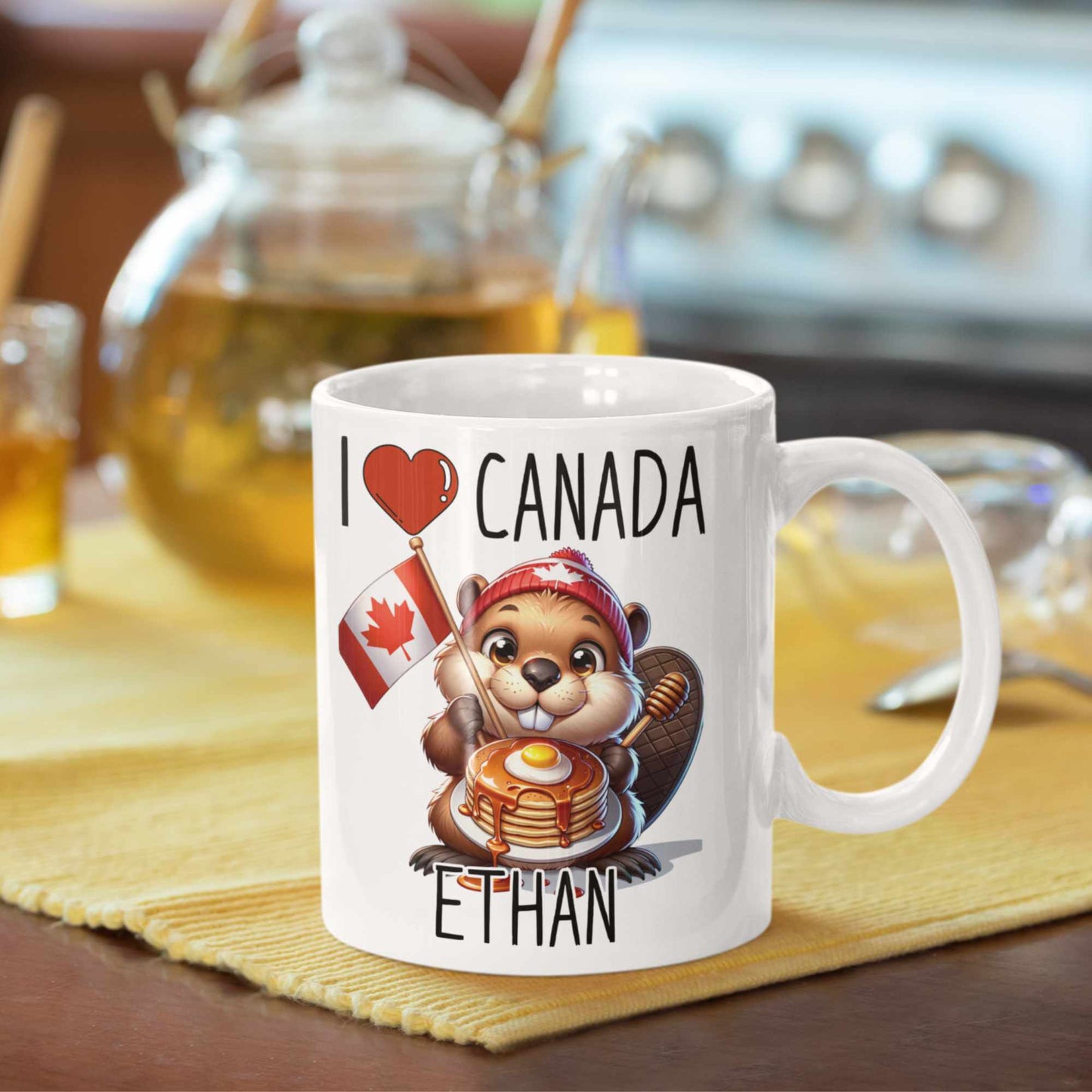 Personalised I love Canada Beaver Mug with Maple Syrup Stack – Custom Name Gift, Canadian Souvenir, Cute Beaver Lover Present
