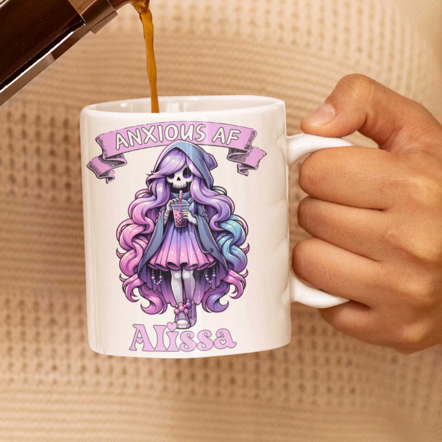 Anxious AF Grim Reaper Boba Tea Mug - Personalised Name Gift | Cute Goth Boba Mug for Teens | Funny Anxiety Cup | Halloween, Birthday, Mental Health Awareness Gift