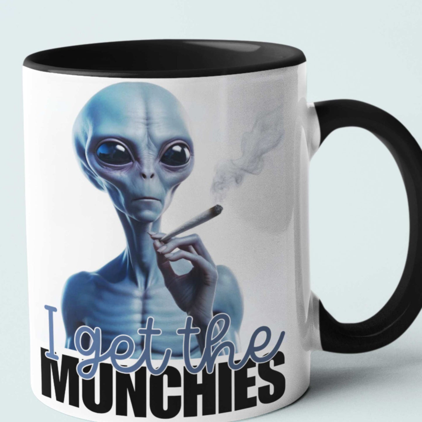 I Get the Munchies Stoner Blue Alien Mug - Funny Alien Smoking Mug, Quirky Coffee Cup, Hilarious Tea Mug, Humorous Weed Coaster