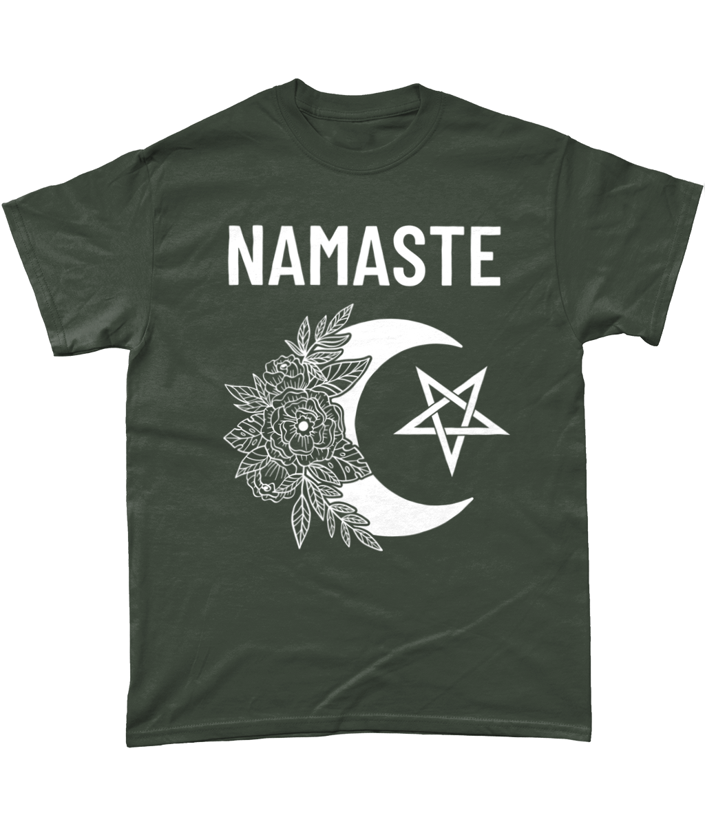 Namaste Cotton T-Shirt Pagan Clothing with moon, flowers and pentagram