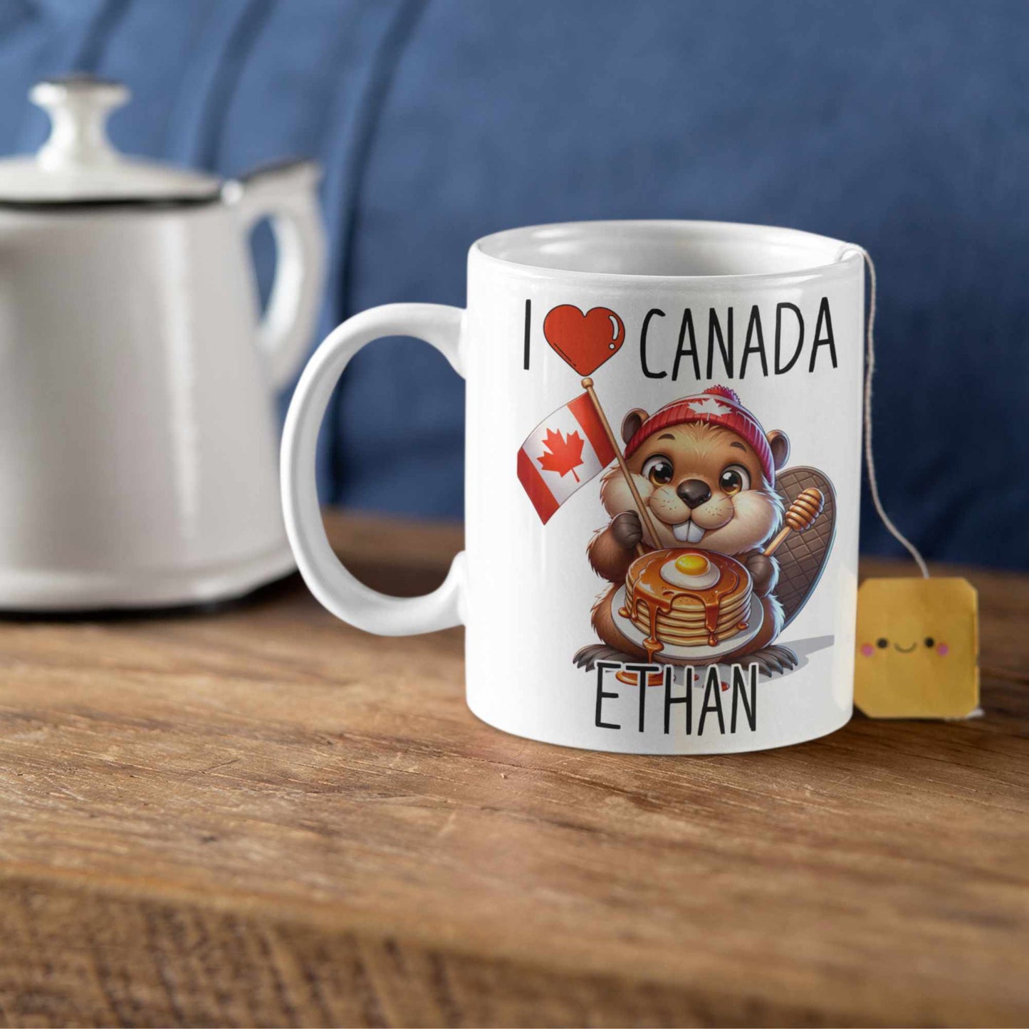 Personalised I love Canada Beaver Mug with Maple Syrup Stack – Custom Name Gift, Canadian Souvenir, Cute Beaver Lover Present