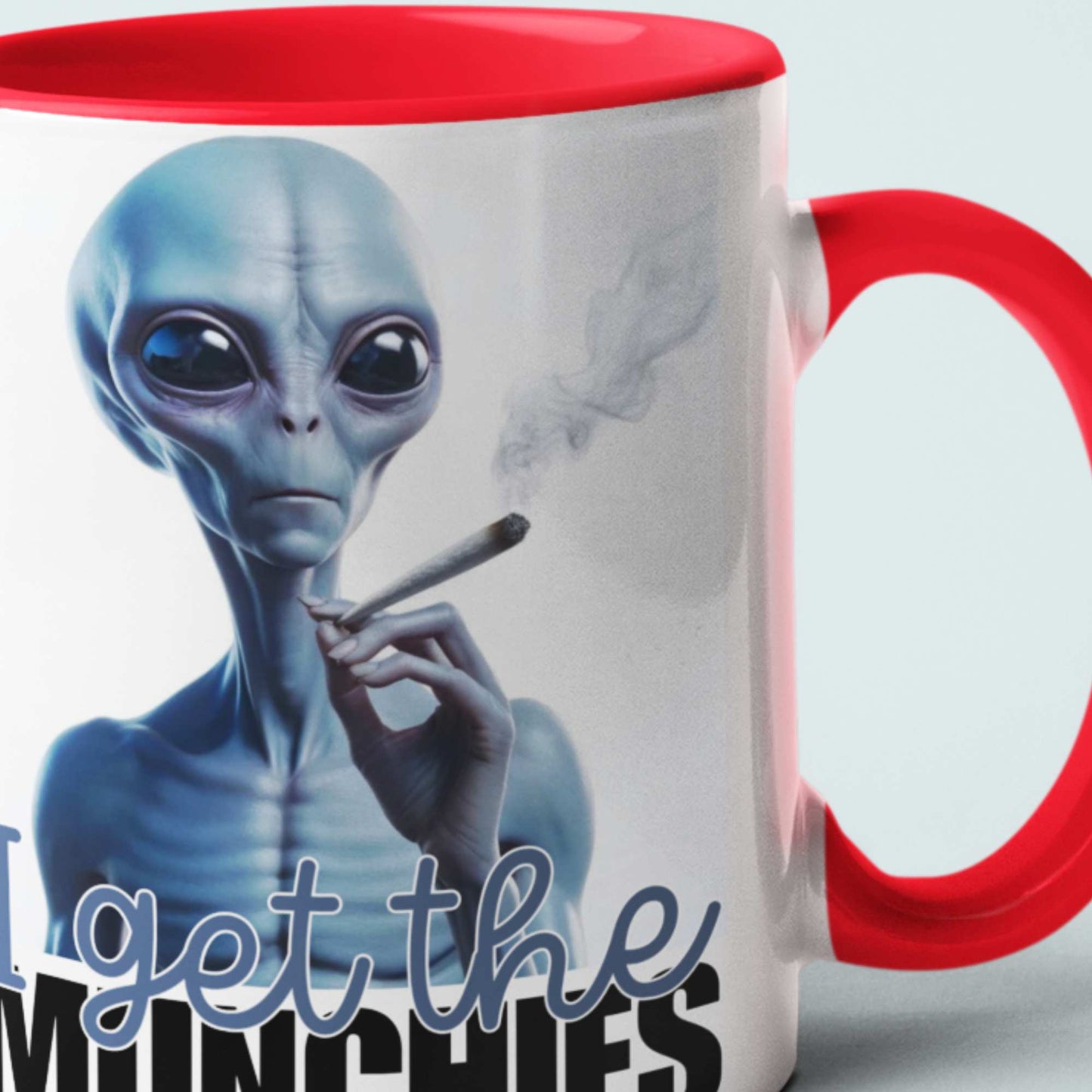 I Get the Munchies Stoner Blue Alien Mug - Funny Alien Smoking Mug, Quirky Coffee Cup, Hilarious Tea Mug, Humorous Weed Coaster