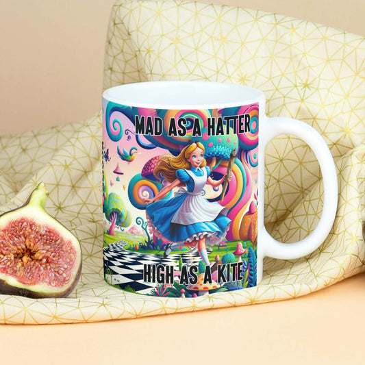 Personalised Mad as a Hatter, High as a Kite Mug - Stoner Novelty Gift, Funny Cannabis Mug, Alice in Wonderland Gift for Him or Her