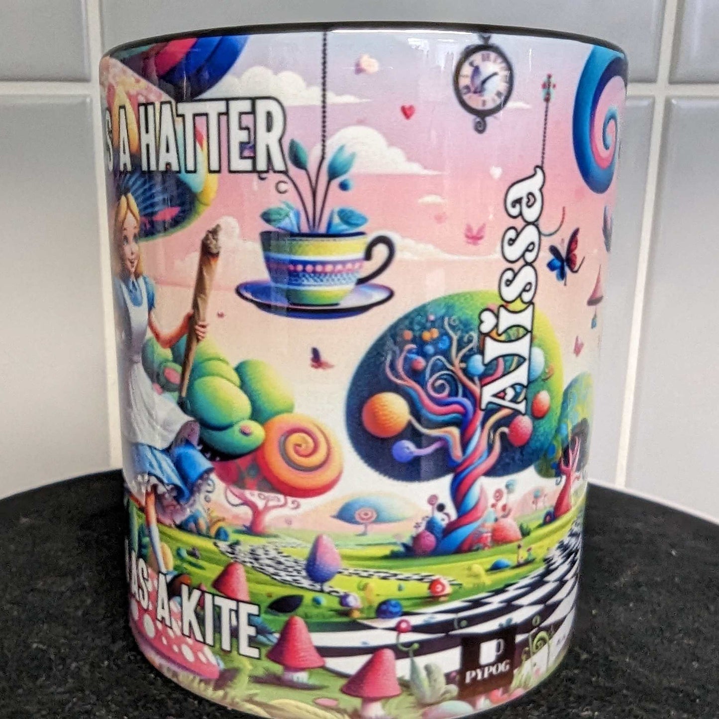 Personalised Mad as a Hatter, High as a Kite Mug - Stoner Novelty Gift, Funny Cannabis Mug, Alice's Adventures in Wonderland Gift for Him or Her