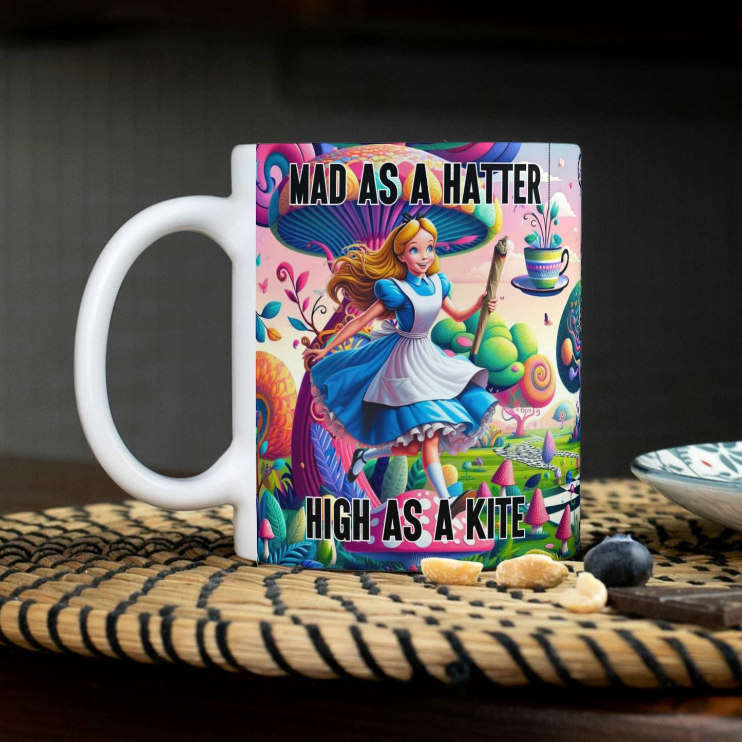 Personalised Mad as a Hatter, High as a Kite Mug - Stoner Novelty Gift, Funny Cannabis Mug, Alice's Adventures in Wonderland Gift for Him or Her
