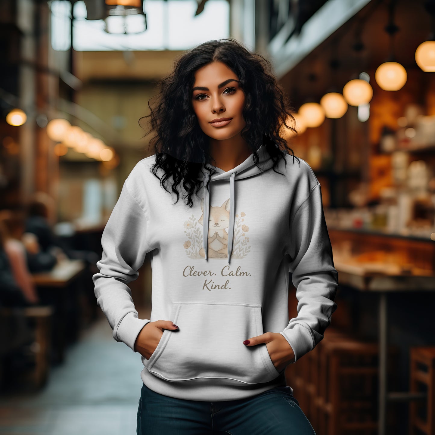 Clever. Calm. Kind. β Meditating Fox Hoodie | Mindfulness Gift for Women | Self-Care Jumper | Wellness Hoodie | Cosy Mental Health Support