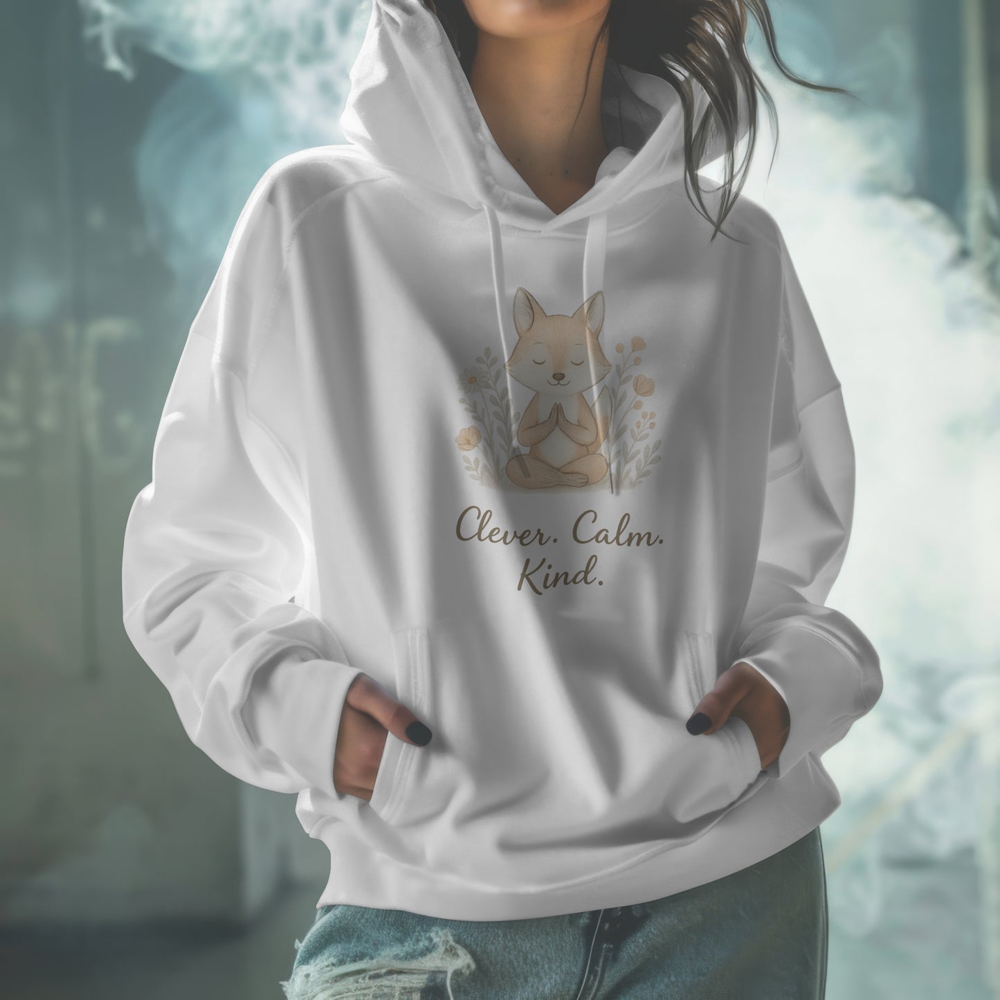Clever. Calm. Kind. β Meditating Fox Hoodie | Mindfulness Gift for Women | Self-Care Jumper | Wellness Hoodie | Cosy Mental Health Support