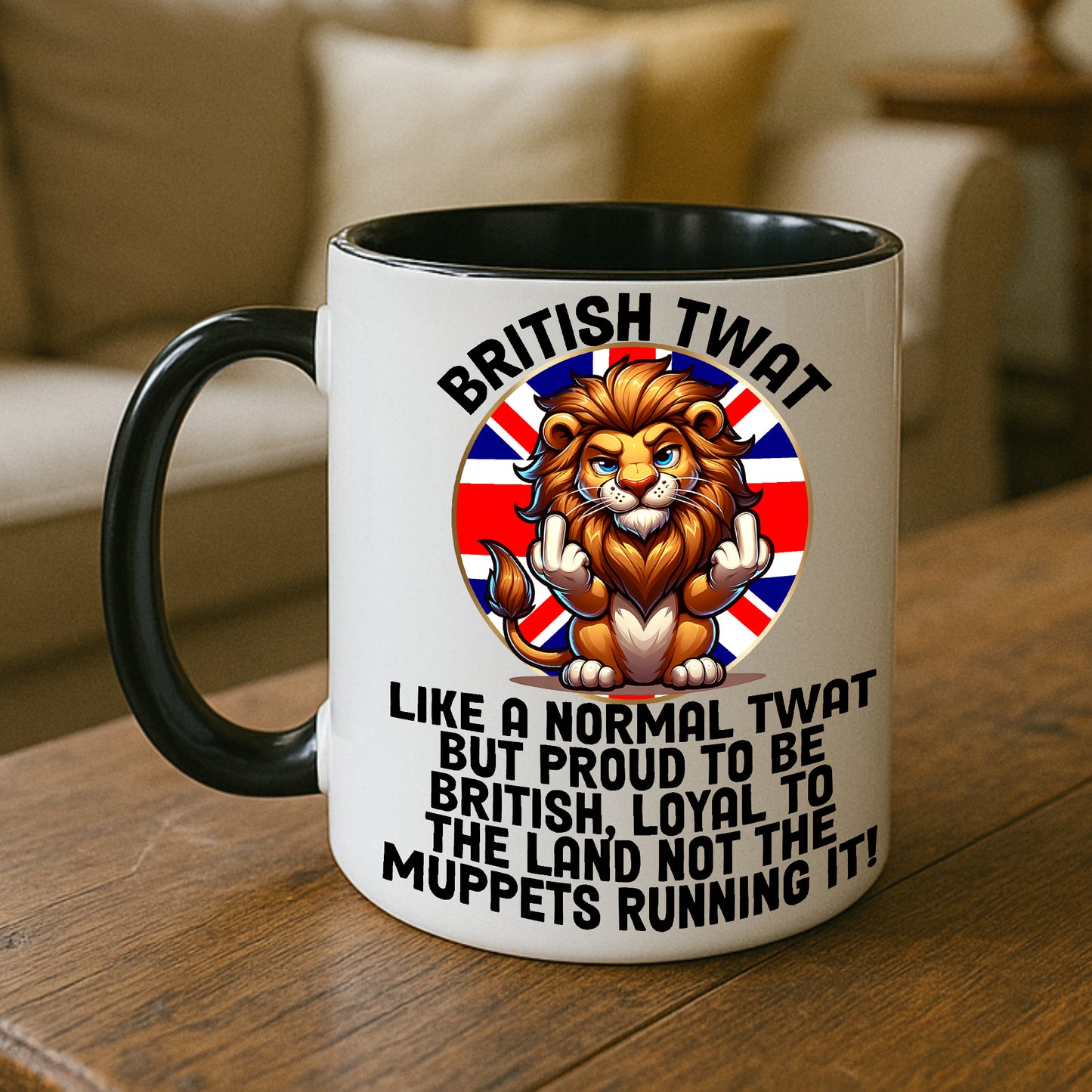 British patriot novelty large coffee mug with lion and Union Jack, funny gift idea for UK men and women, big tea mug showing British pride and humour. 15oz white mug with black inside and black handle.