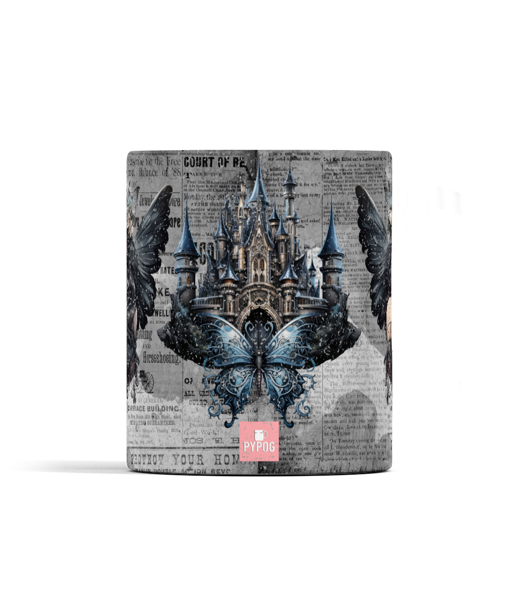 Gothic fairy girl castle butterfly on newspaper background 11oz mug