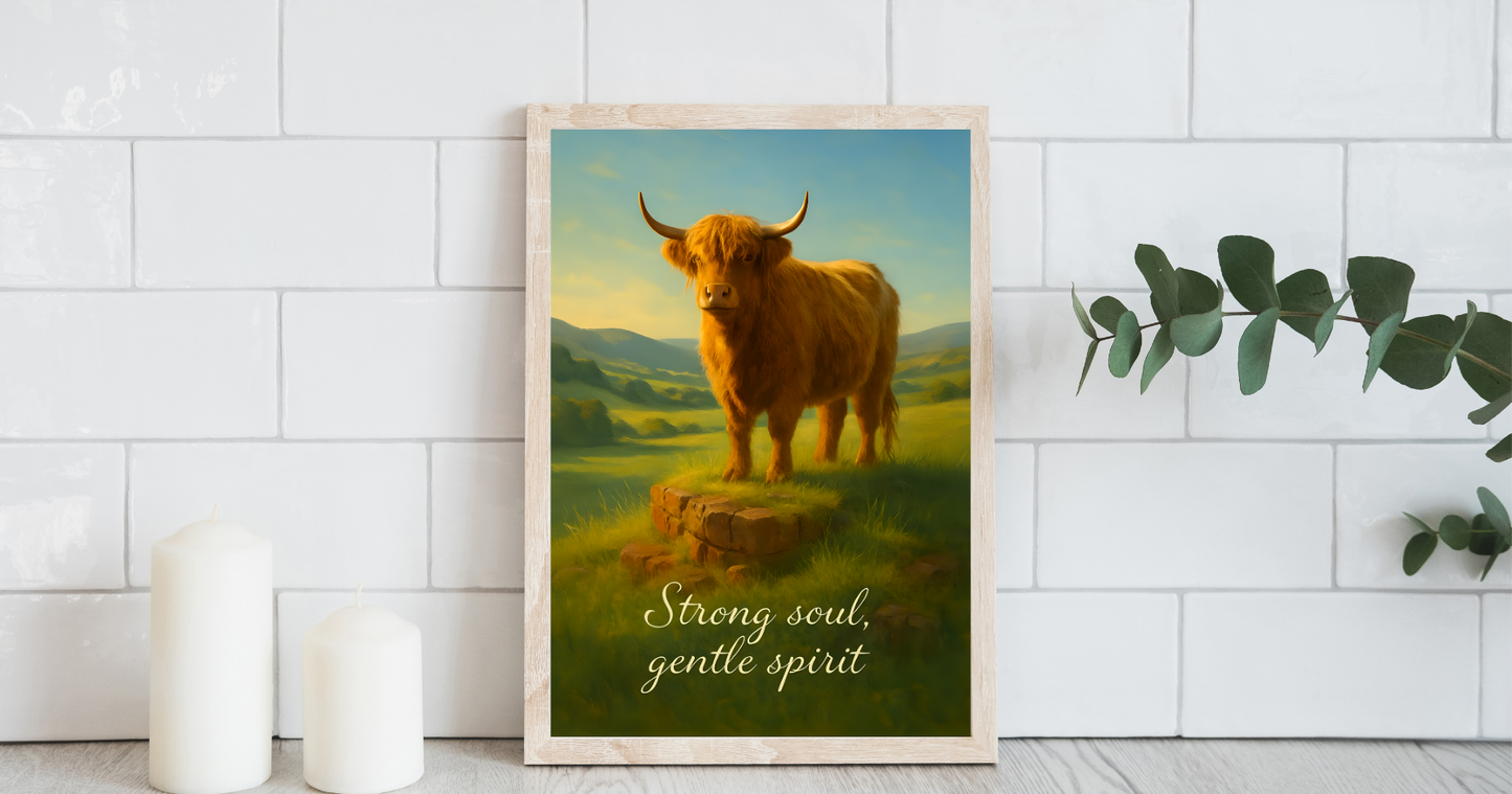 A free printable wall art design featuring a highland cow standing peacefully in a field at sunset with the words strong soul gentle spirit. Created to support self care and emotional wellbeing. Ideal for calming spaces and mindful home decor.