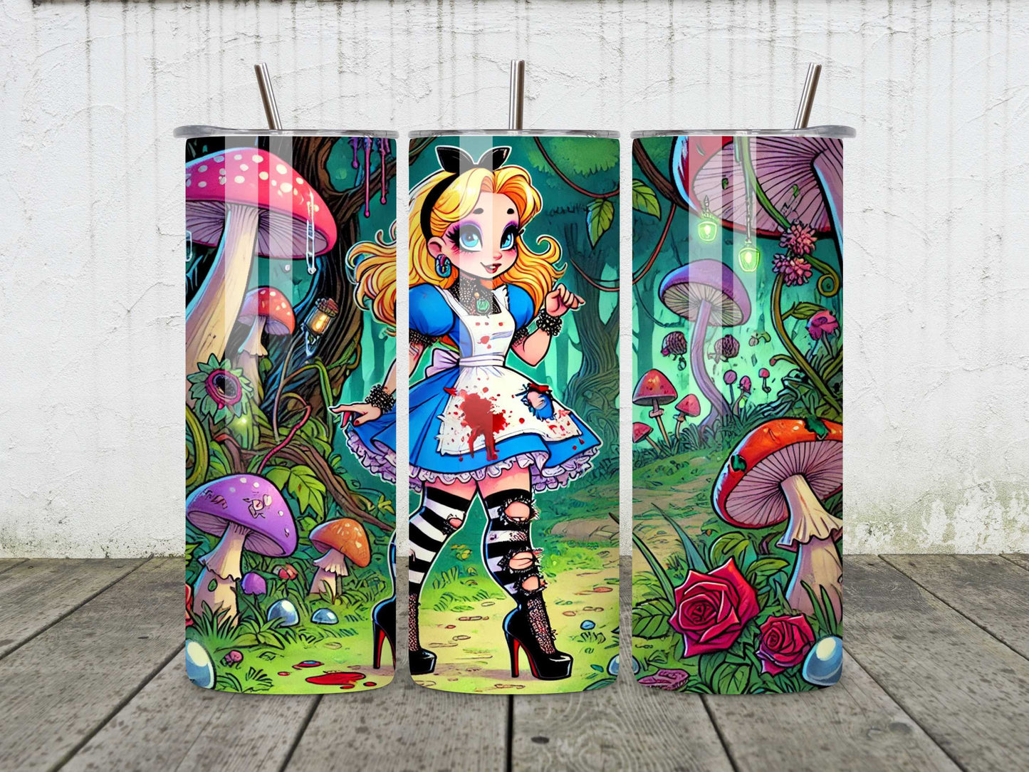 Gothic Alice in Wonderland 20oz stainless steel tumbler with blood-splattered apron design, psychedelic mushrooms, and fairytale-themed art. Twisted Wonderland travel cup with reusable straws and spill-proof lid for tea lovers, gothic gift ideas, and dark fantasy fans.