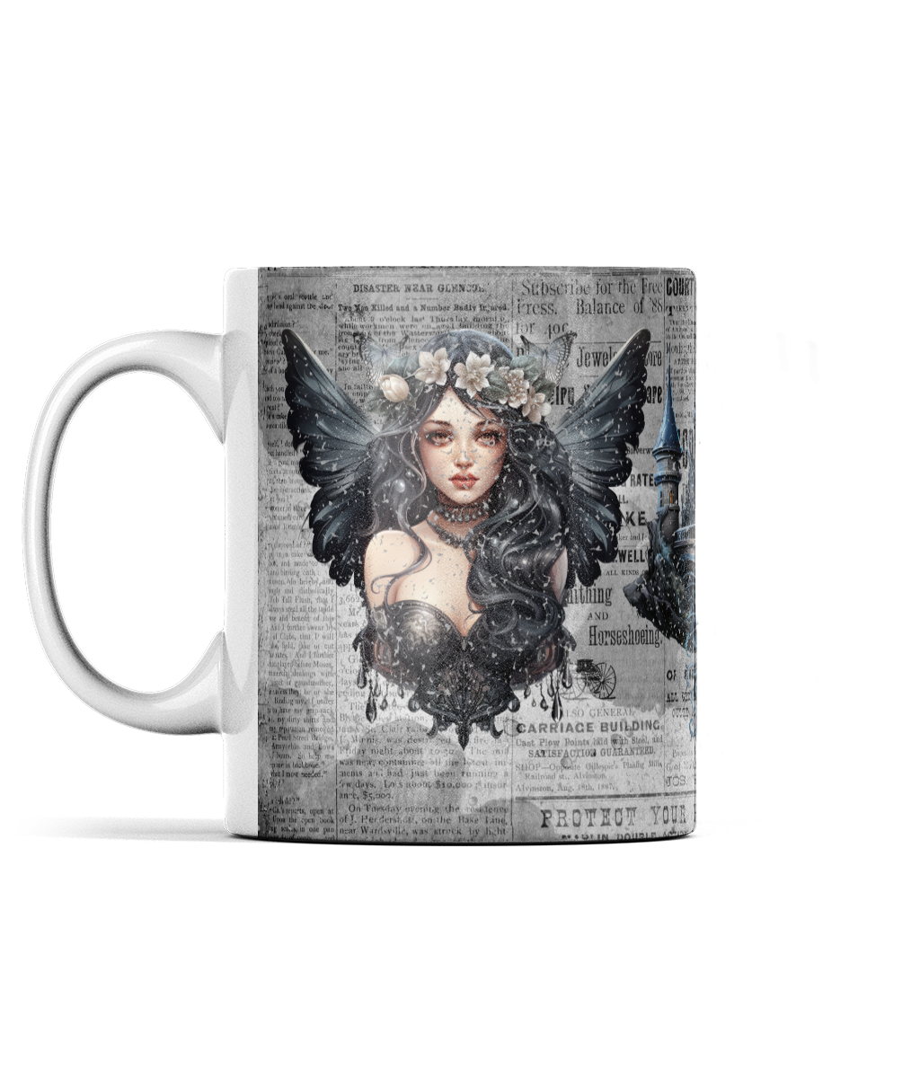 Gothic fairy girl castle butterfly on newspaper background 11oz mug