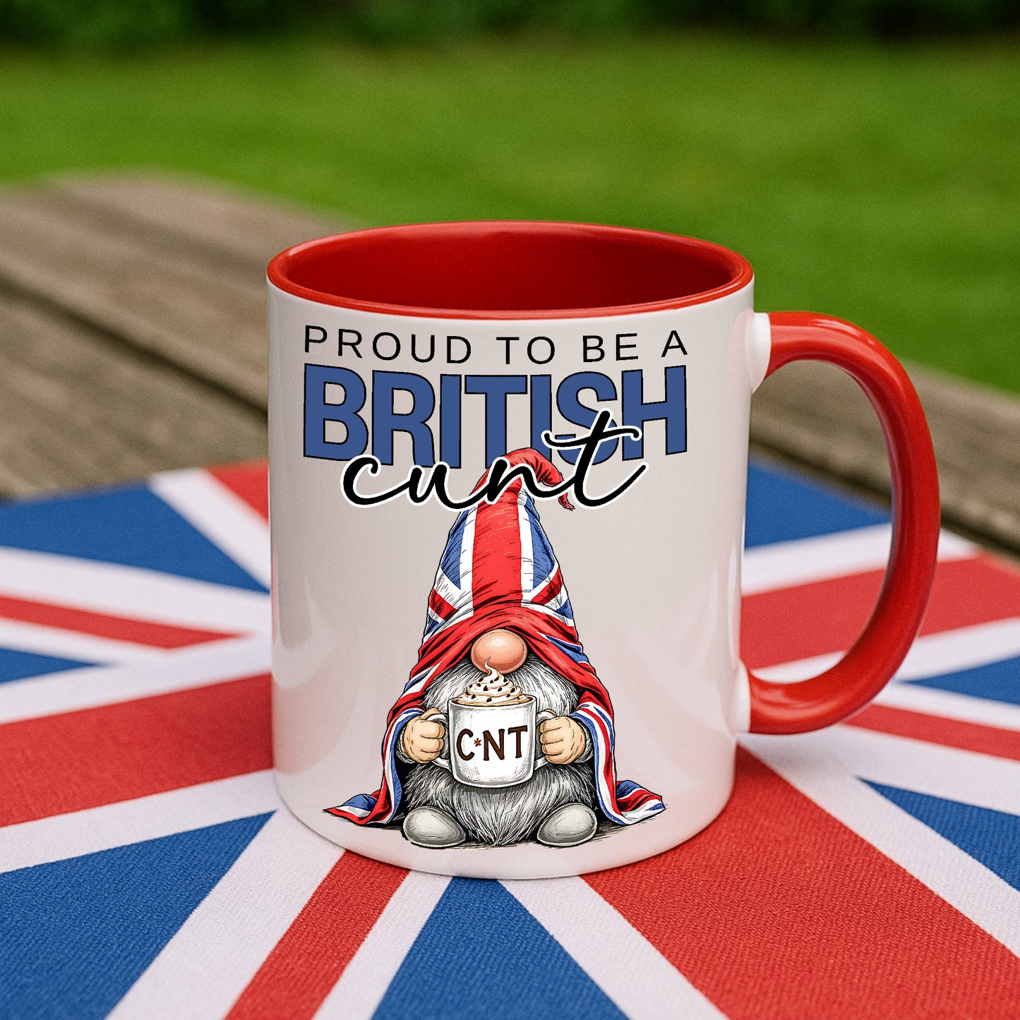 Proud to Be a British Cunt Mug – Funny Union Jack Gnome Mug