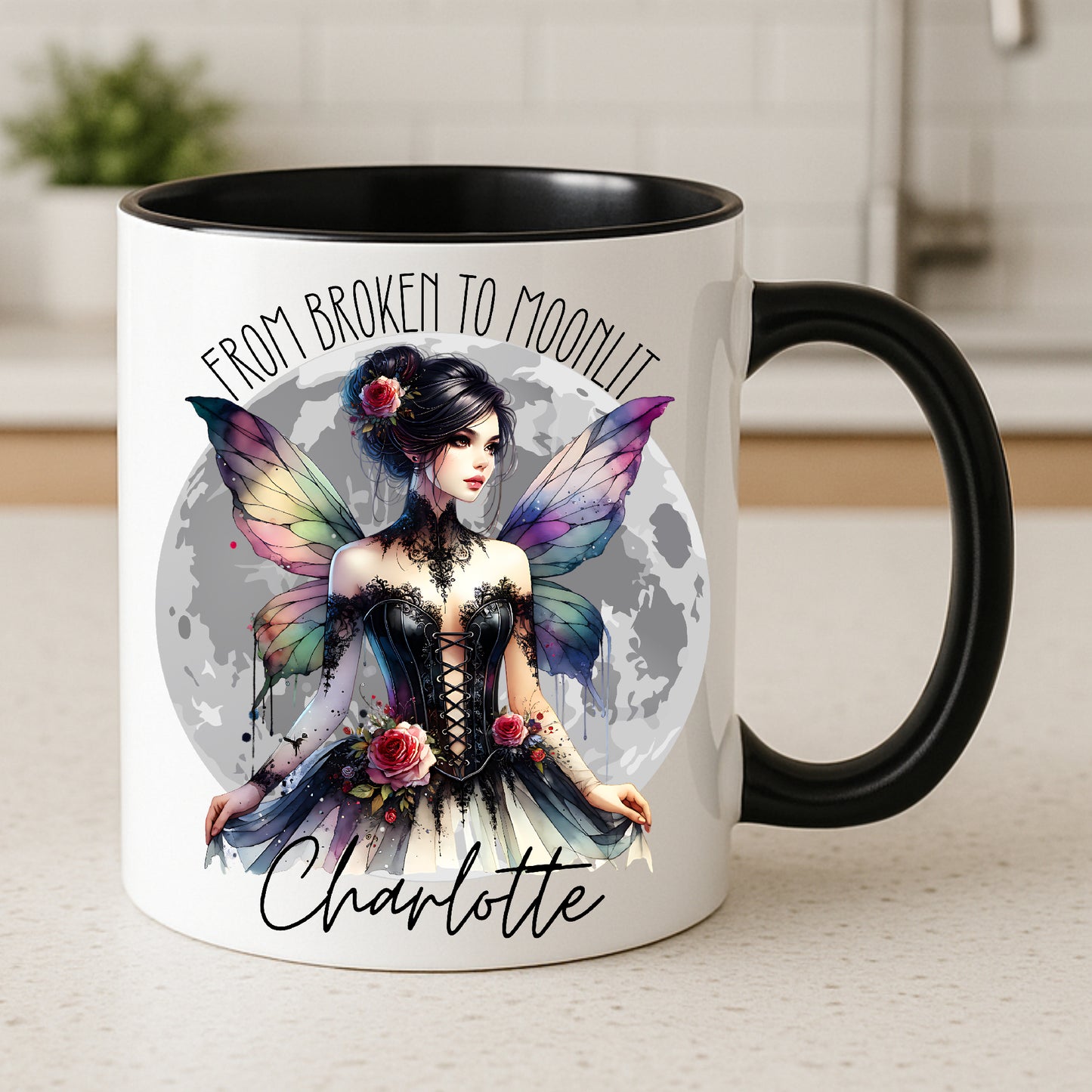 From Broken to Moonlit – Fairy Wings Personalised Mug | Gothic Rose Fairy Gift | Empowerment Gift for Her | Birthday, Sister, Best Friend