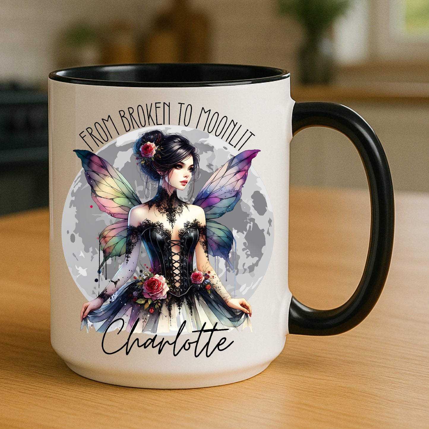 From Broken to Moonlit – Fairy Wings Personalised Mug | Gothic Rose Fairy Gift | Empowerment Gift for Her | Birthday, Sister, Best Friend