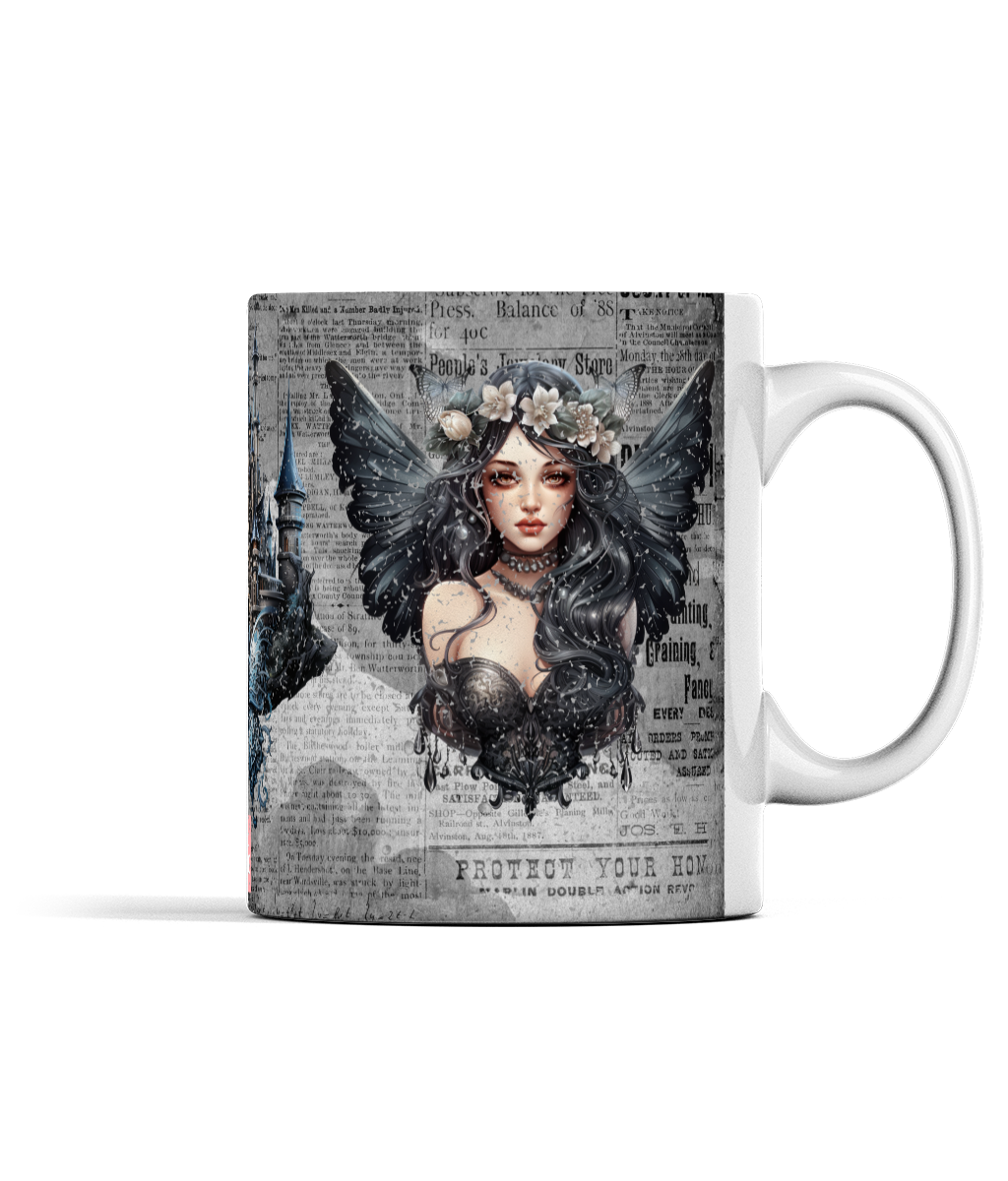Gothic fairy girl castle butterfly on newspaper background 11oz mug