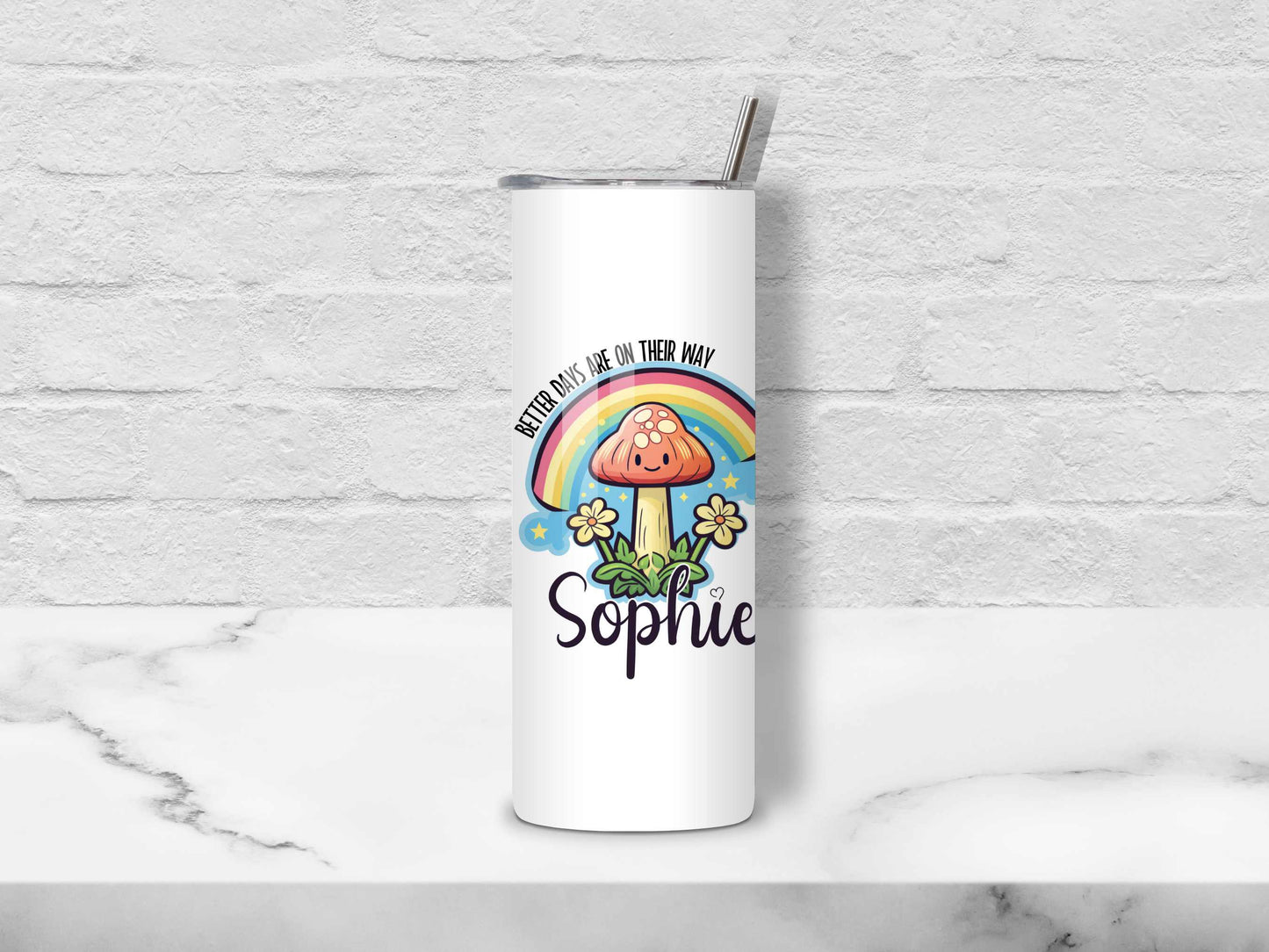 Custom Name Toadstool Mug and/or Tumbler - 11oz Uplifting Coffee Mug, 20oz Thermal Tumbler - Perfect for Birthdays