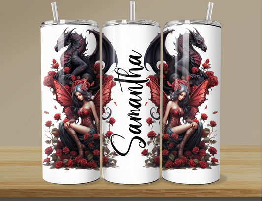 Dragon red roses fairy wings 20oz skinny tumbler personalised with any name