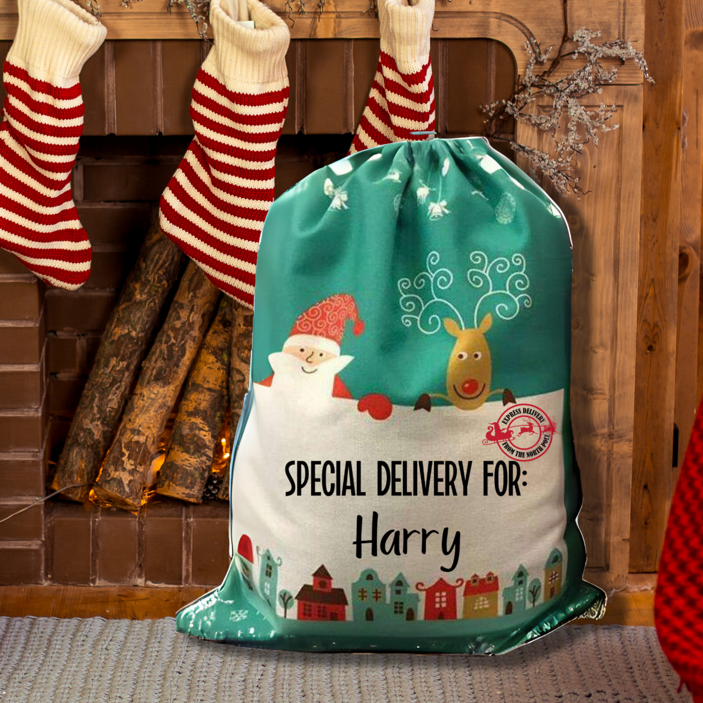 Christmas Sack with name Santa & Reindeer | Personalised Custom Name Santa Sack for Kids & Adults | Large 50x66cm Holiday Gift Bag | Xmas Storage Sack