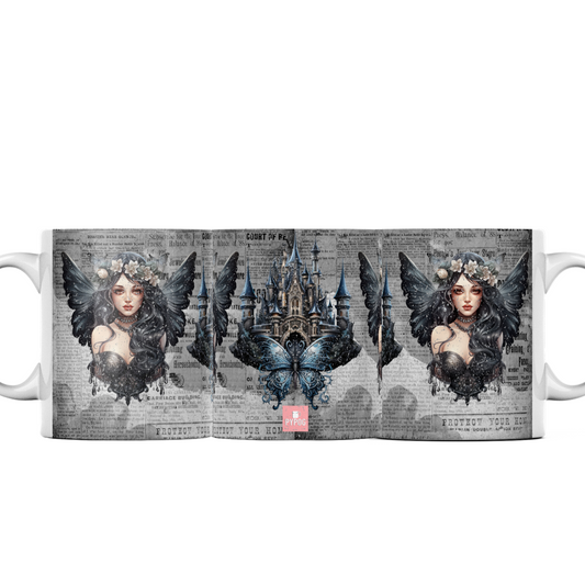 Gothic fairy girl castle butterfly on newspaper background 11oz mug